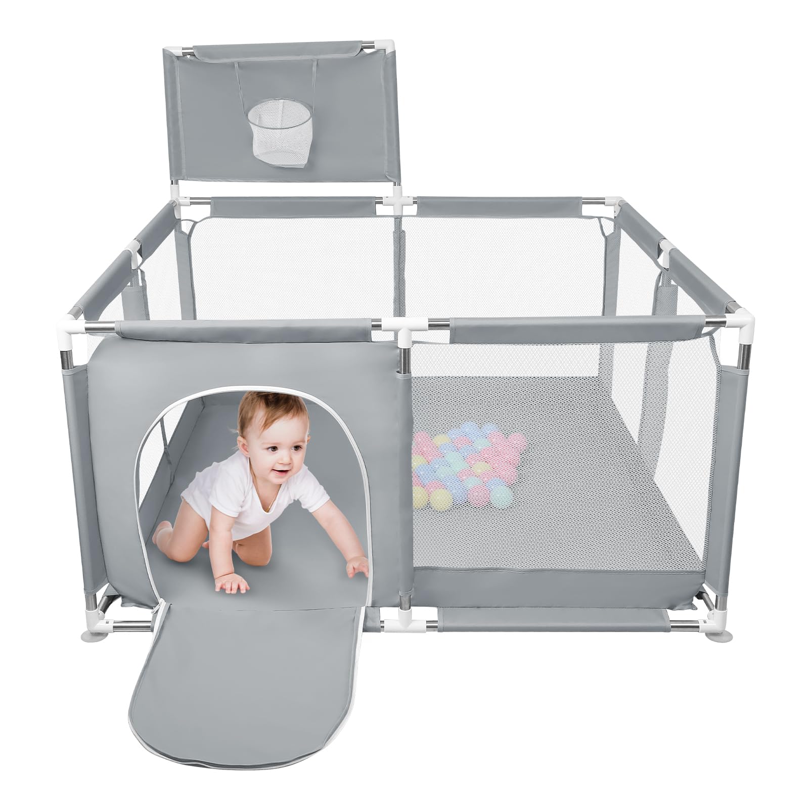 Box per Bambini, Recinto per Bambini Pieghevole in Tessuto Oxford con Rete Traspirante, Box per Neonati con Giochi che Include 50 Palline (126 x 126 x 66 cm, grigio scuro)