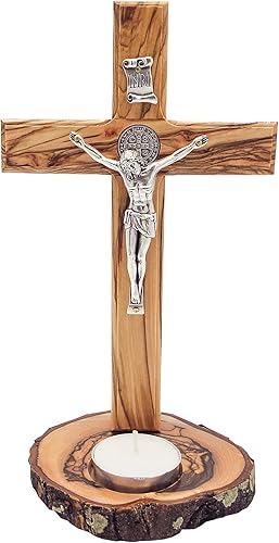 Medalla de cruz y bendición de madera de olivo (8 pulgadas), cruz de madera con base para portavelas