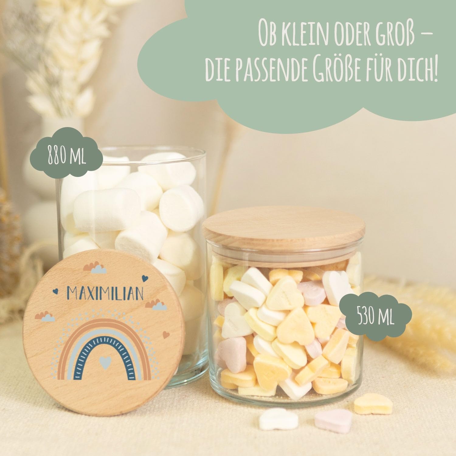 GRAVURZEILE Vorratsglas mit bedrucktem Holzdeckel - Regenbogen Rot - Personalisiert mit Name & Datum - Keksdose Bonbonglas mit Deckel - Vorratsdose - Geschenk für Kinder - 880 ml