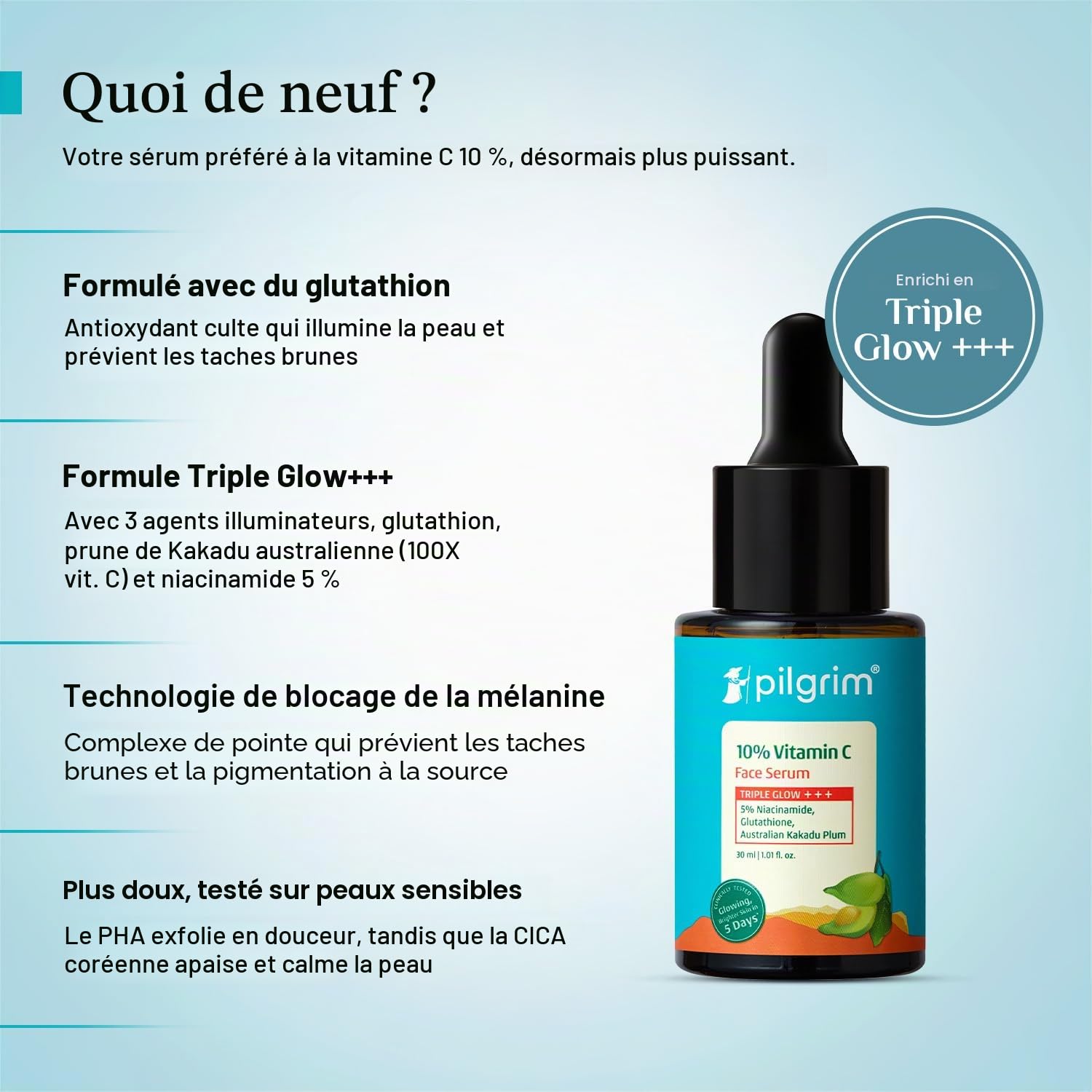 Pilgrim Sérum à 10 % de vitamine C 30 ml pour une peau éclatante | Avec 5 % de niacinamide, acide hyaluronique et glycolique | estompe les taches brunes, la pigmentation | Pour tous, peaux grasses
