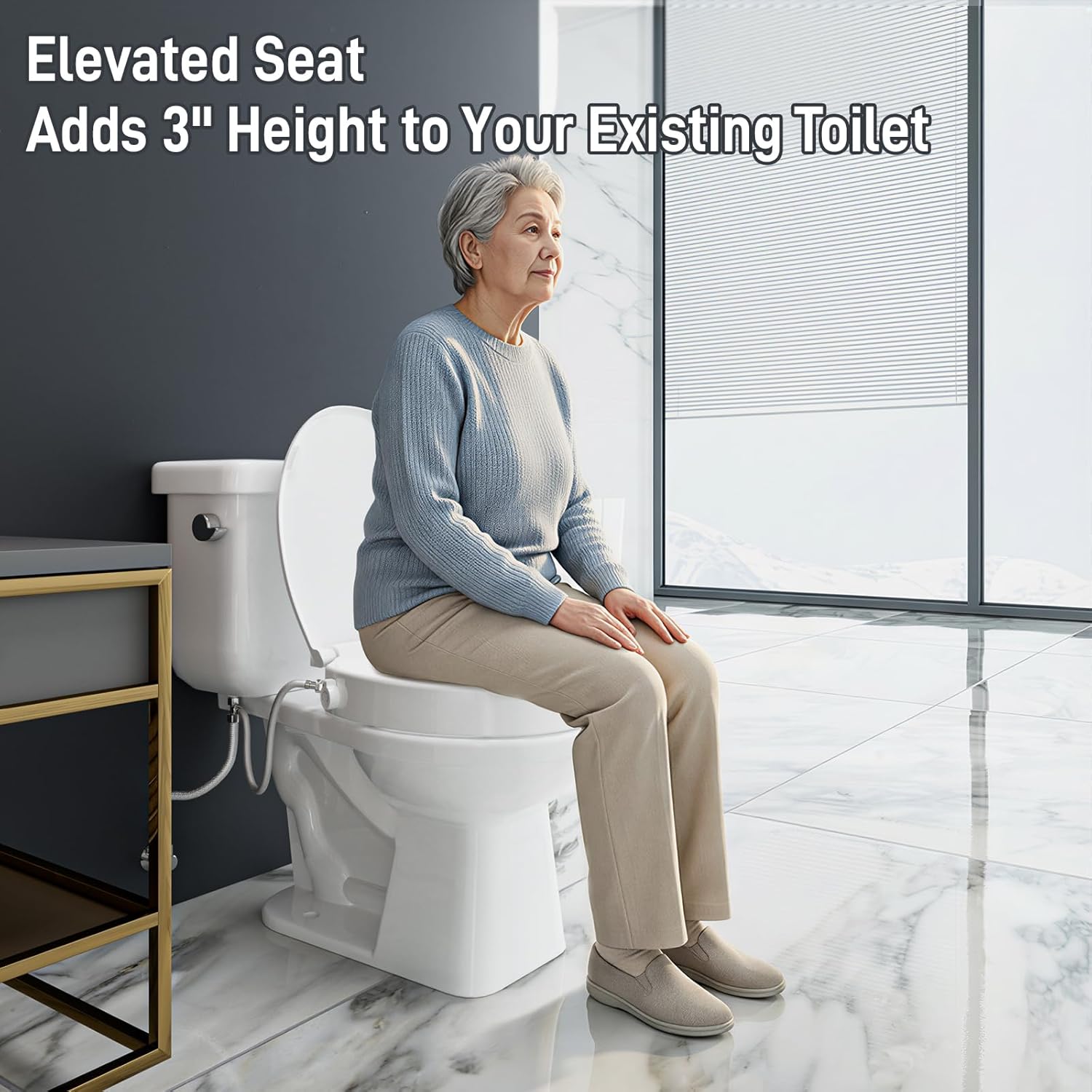 BIGCOW Raised Toilet Seat with Bidet - Round, Soft Close, 3" Height - Dual Nozzle (Frontal & Rear Wash) with Adjustable Cold Water Pressure and Stainless Steel Inlet (Round)