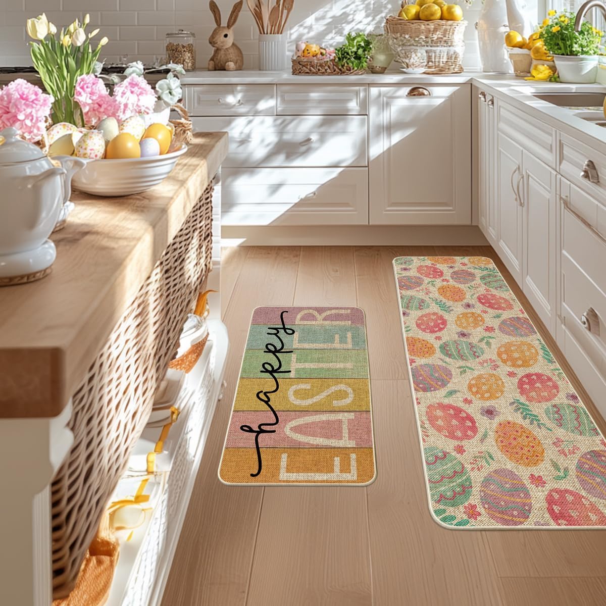 Artoid Mode Colorful Eggs Happy Easter Kitchen Mats Set of 2, Spring Home Decor Low-Profile Kitchen Rugs for Floor - 17x29 and 17x47 Inch