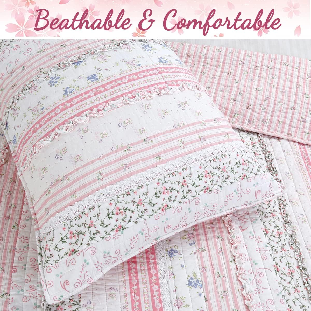 Cozy Line Home Fashions Pink Flower Lace Ruffle Stripe Shabby Chic Girl 100% Cotton Reversible Quilt Bedding Set, Coverlet, Bedspread (Pink Lace, Twin - 2 Piece: 1 Quilt + 1 Sham) - Image 6