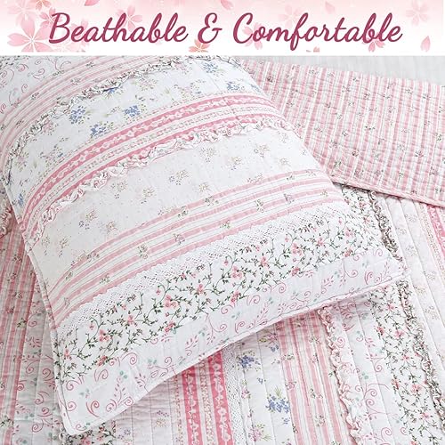Miniatura 6 de Cozy Line Home Fashions - Juego de ropa de cama reversible de 100 % algodón con diseño de flores rosadas, encaje rosa, 2 piezas 1 edredón + 1 funda)