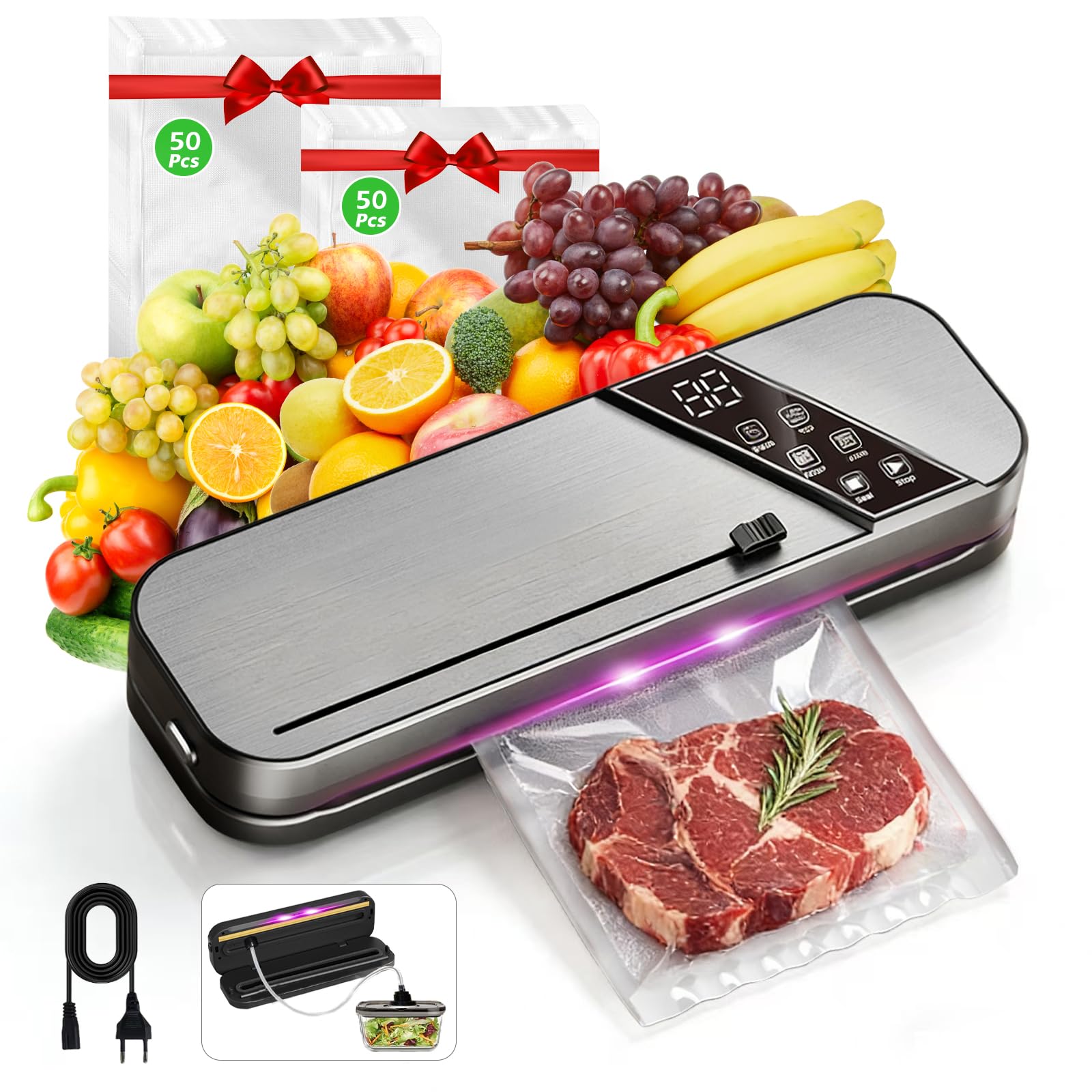 Macchina sottovuoto per alimenti professionale UV, 15L/Min sigillatore a vuoto con 100 sacchetti sottovuoto inclusi, sottovuoto per alimenti per cottura sous-vide