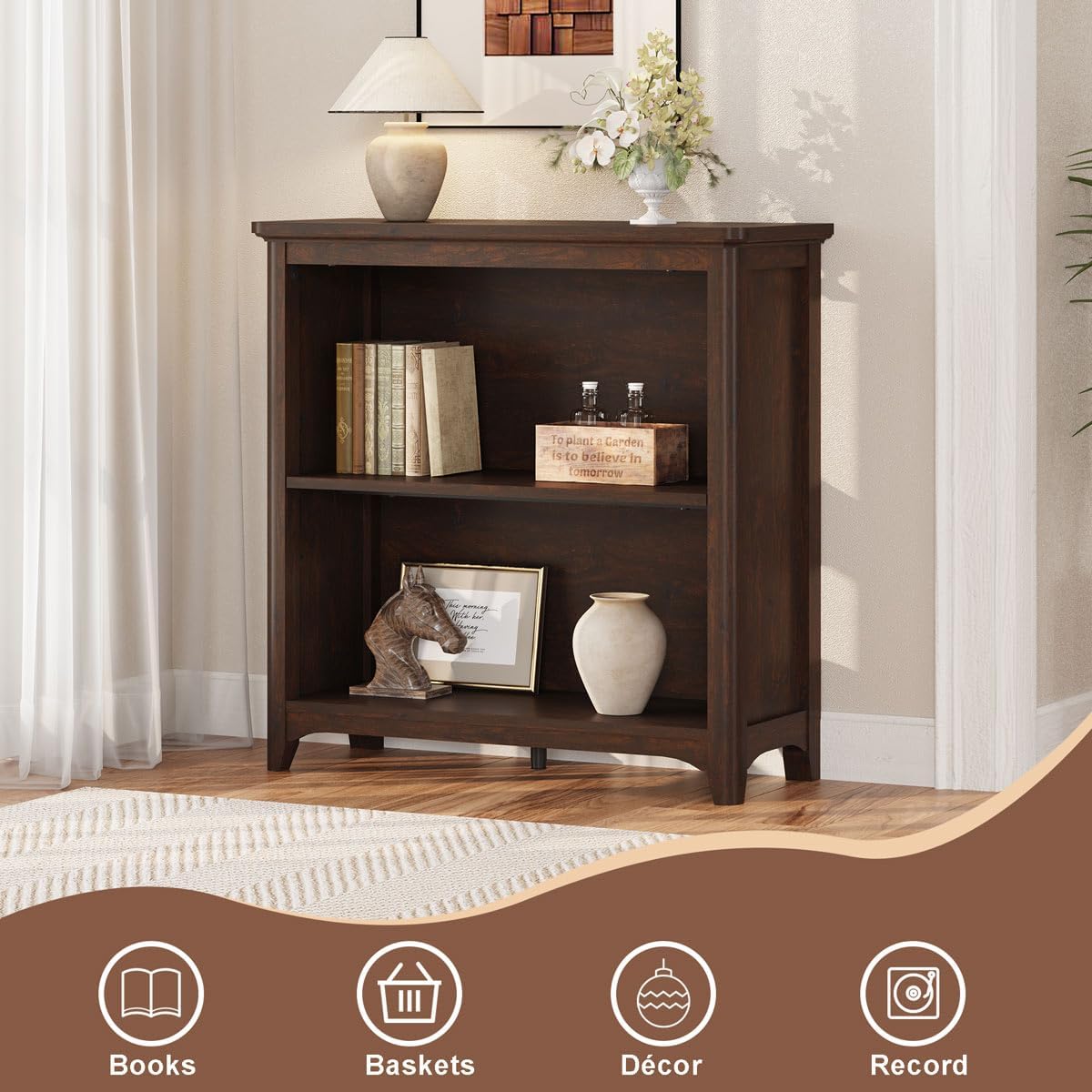 BON AUGURE Wooden Bookshelf Bookcase, 2-Tier Compact Wood Book Shelf with Adjustable Display Storage Shelves, Floor Standing Book Case for Living Room, Office, Brown Cherry