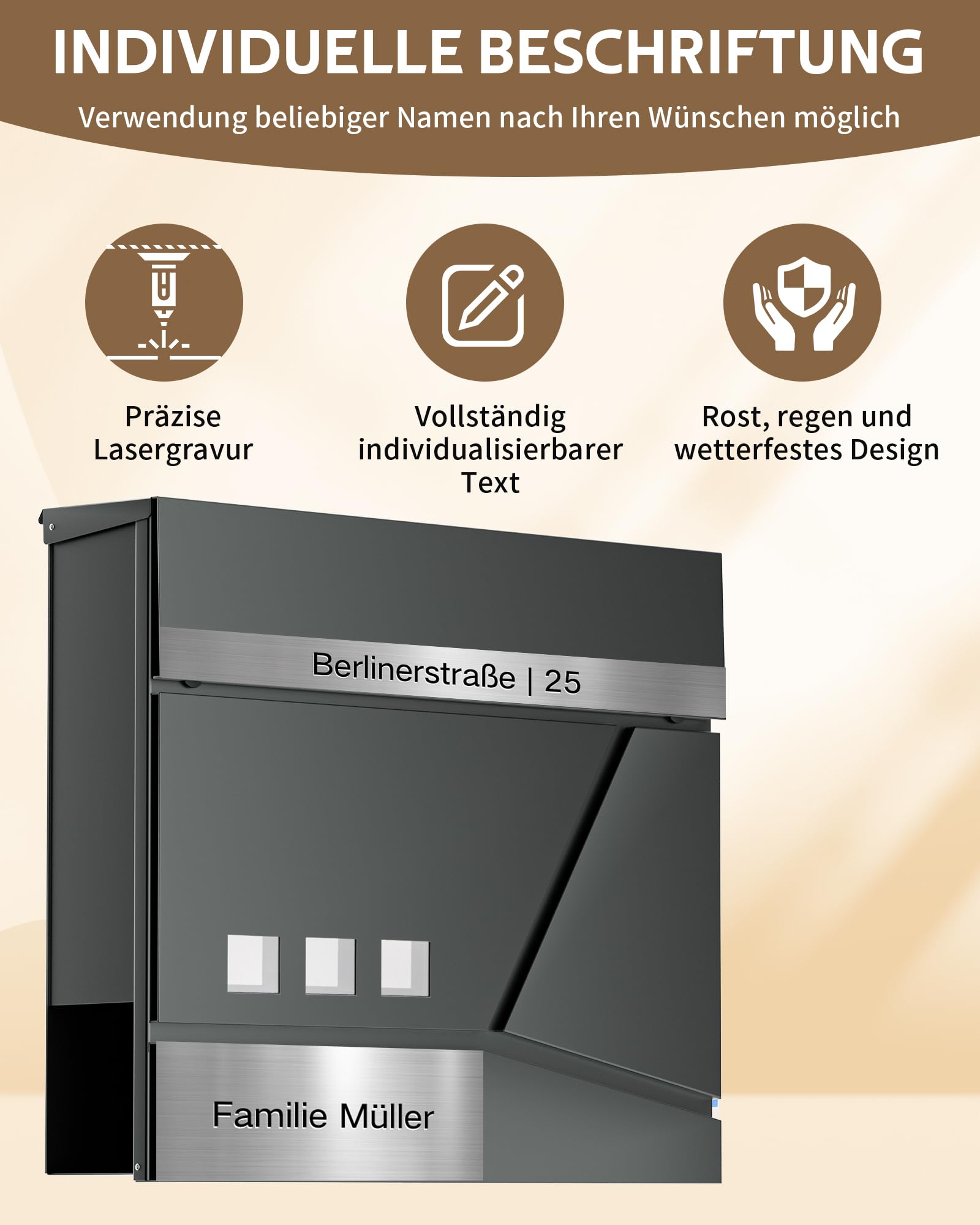 Briefkasten Anthrazit Edelstahl Mit Zeitungsfach(37 X 37 X 10cm), Personalisiert Mit Namensschild, Wetterfest, Aufkleber Gegen Unerwünschte Werbung, Wandbriefkasten Postkasten Briefkästen