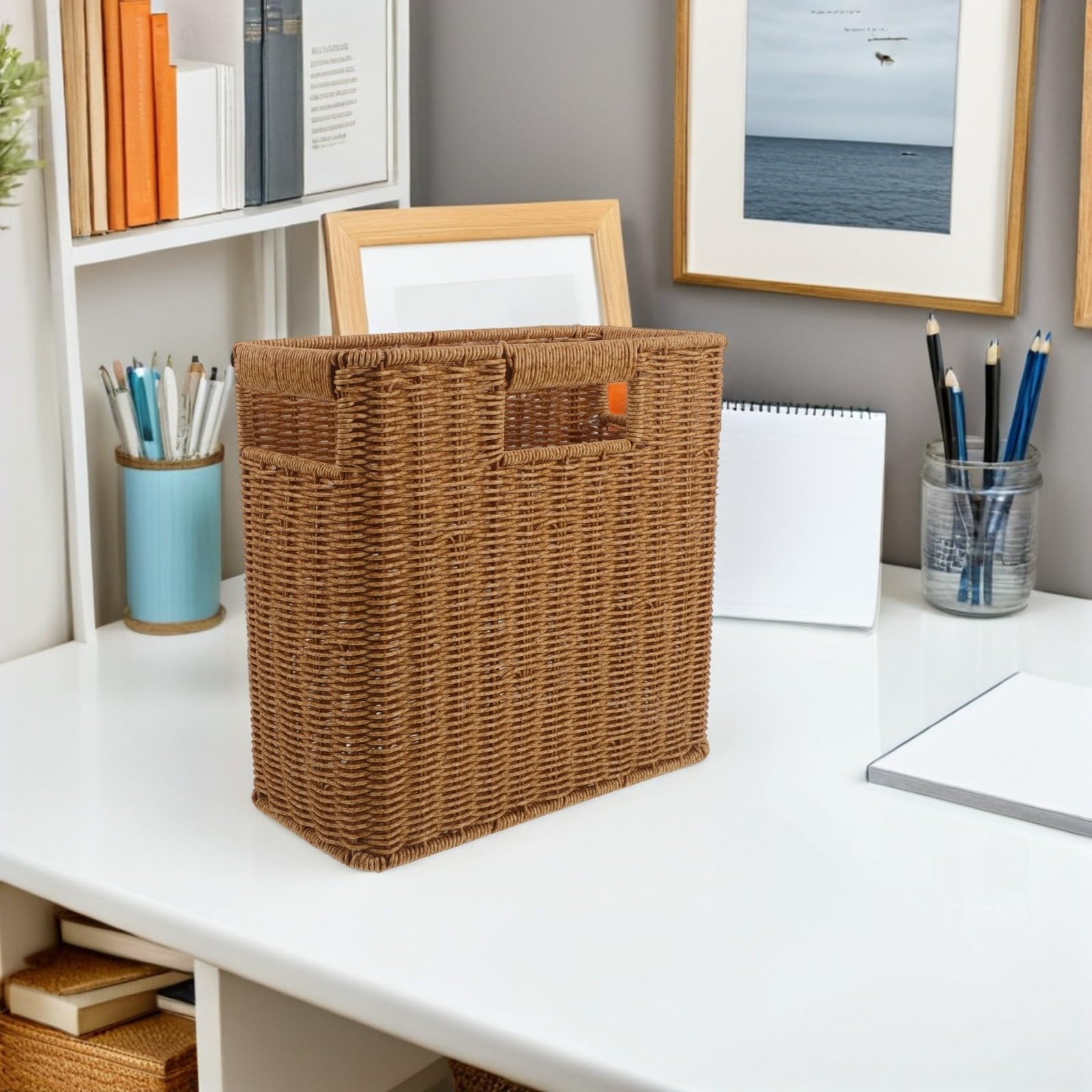 Cesta de Almacenamiento con Asa, Cesta Organizadora de Baño, Rectangular, Plástico, Multifunción, Fácil de Transportar, para Libros y Periódicos, Cocina y Salón