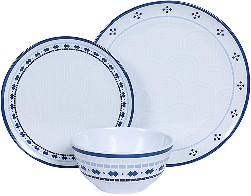 Juego de vajilla de melamina, 12 platos y cuencos, juego de platos azules para interiores y exteriores, sin BPA, apto para lavavajillas, color azul