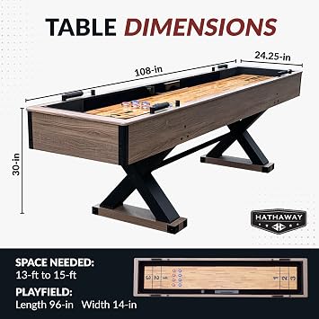 Hathaway Excalibur 9-Ft Shuffleboard Table for Great for Family Recreation Game Rooms, Designed with a Rustic Driftwood Finish with Built-In Leg Levelers, Includes 8 Pucks, Table Brush and Wax | Poly-coated playfield, X-pattern base, 8 weighted pucks, dual abacus scorers, brush, wax, driftwood finish, for 2-4 players