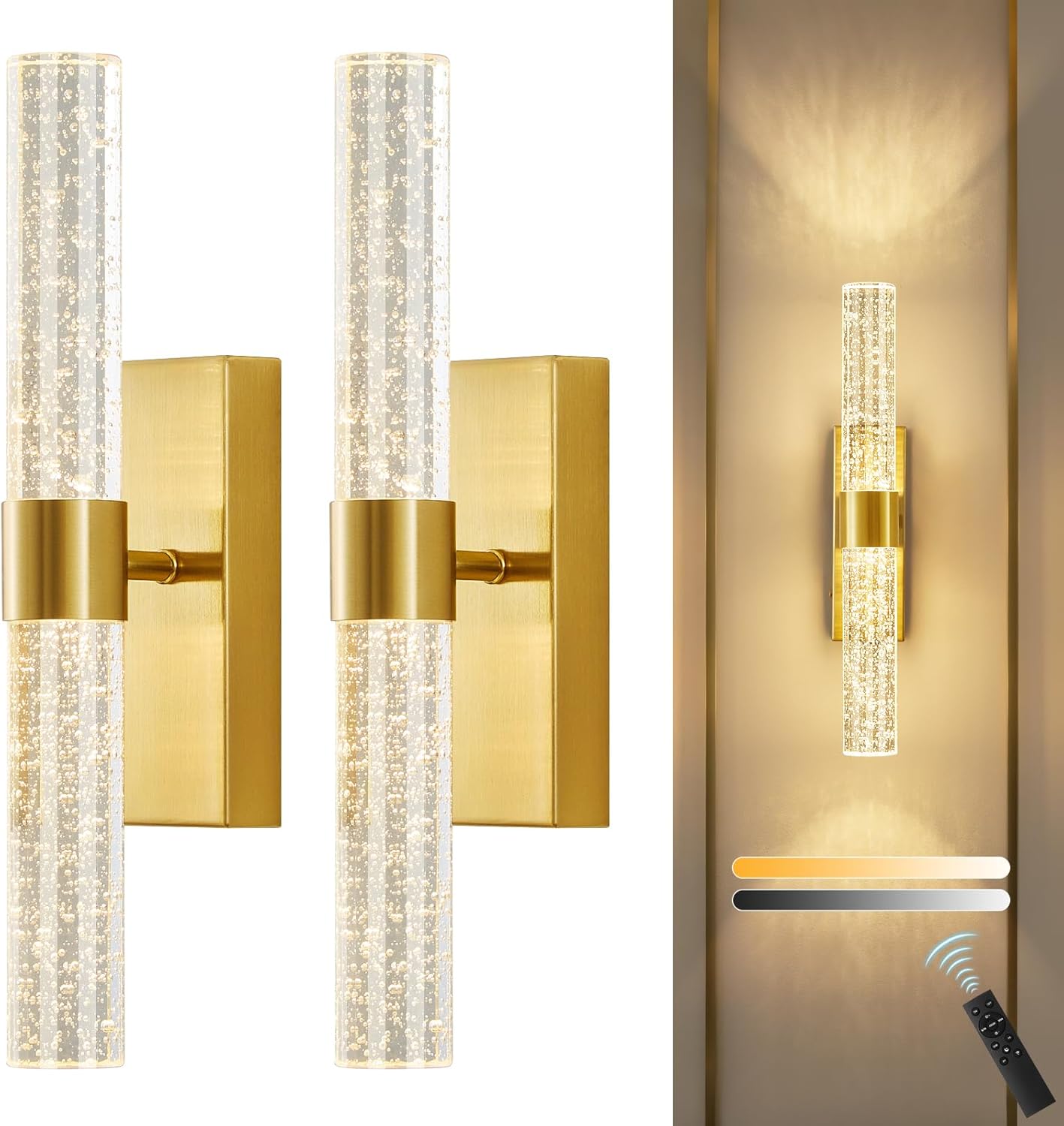 Gold Wall Sconces Battery Operated Set of 2, 10000mAh Rechargeable Wireless Wall Sconce with Remote Control, 3CCT, Dimmable Crystal Wall Lights for Living Room Bedroom Hallway