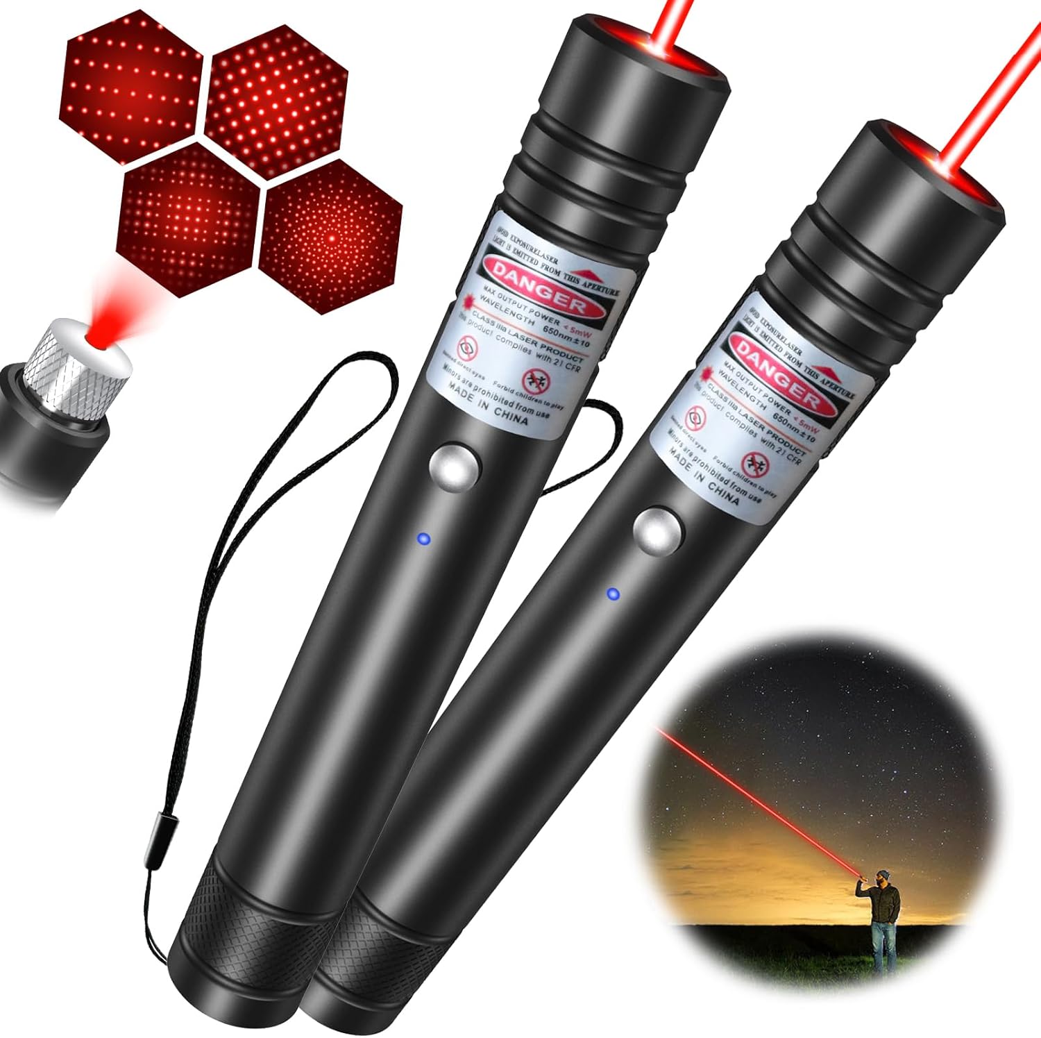 [2 Packs] Red Light Flashlight, Long Distance USB Rechargeable Tactical Beam with Star Cap Adjustable Effect for Outdoor Journeys, Presentations, TV/LED/LCD Screens, and Stargazing