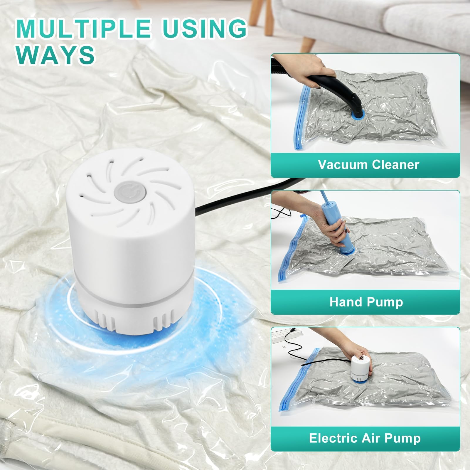 Sacchetti sottovuoto per vestiti, confezione da 20 con pompa ad aria, 4 misure x 5 sacchetti sottovuoto | (Jumbo/L/M/Small) sacchetti per abbigliamento, sacchetti sottovuoto da viaggio, piumini, vestiti, viaggi, cuscini