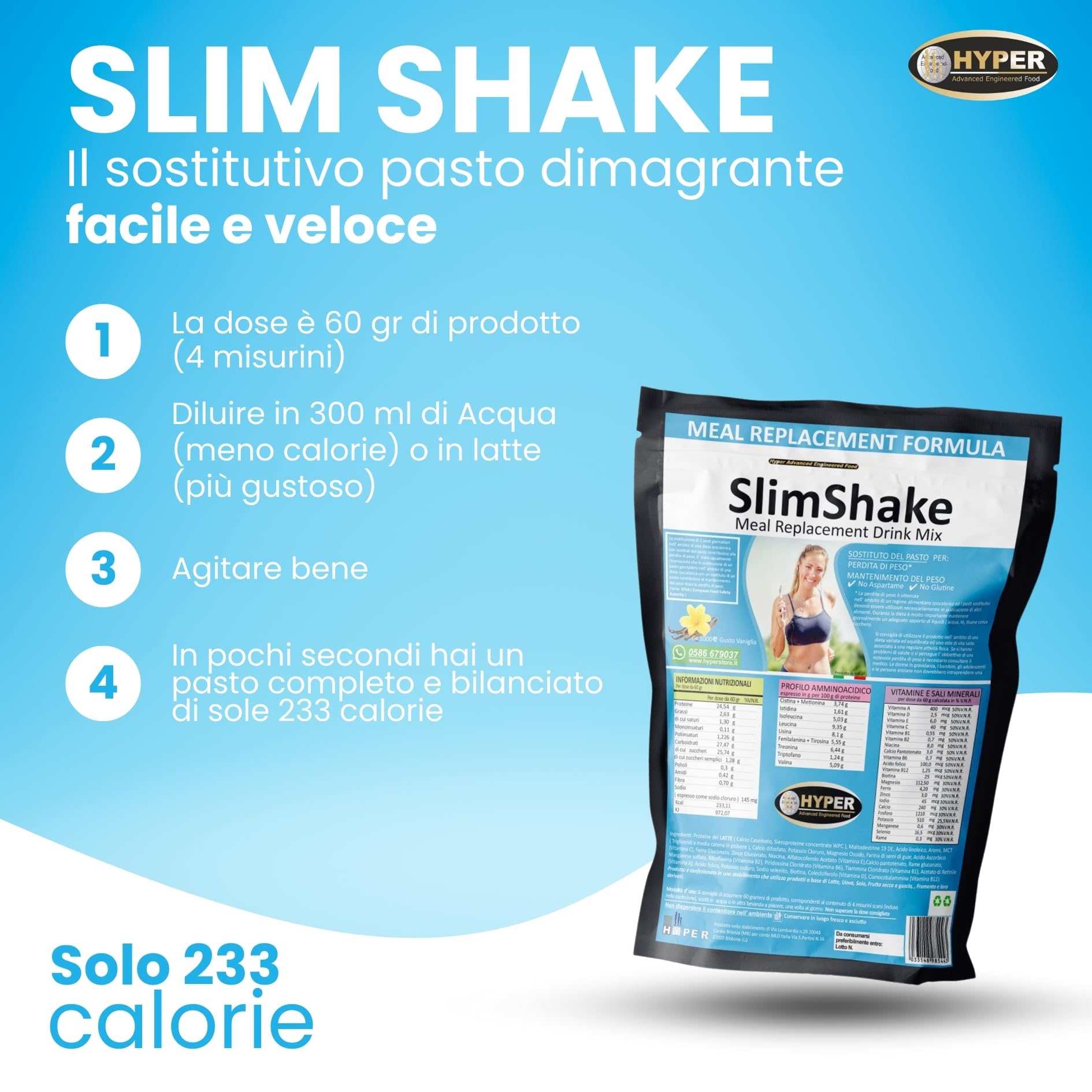Hyper Slim Shake - Sostituto Pasto Dimagrante gr 1000 Gusto Vaniglia - Pasto Sostitutivo Dimagrante per Frullati e Shakes Proteici Ideale per Perdita e Controllo del Peso Forma. Made in Italy