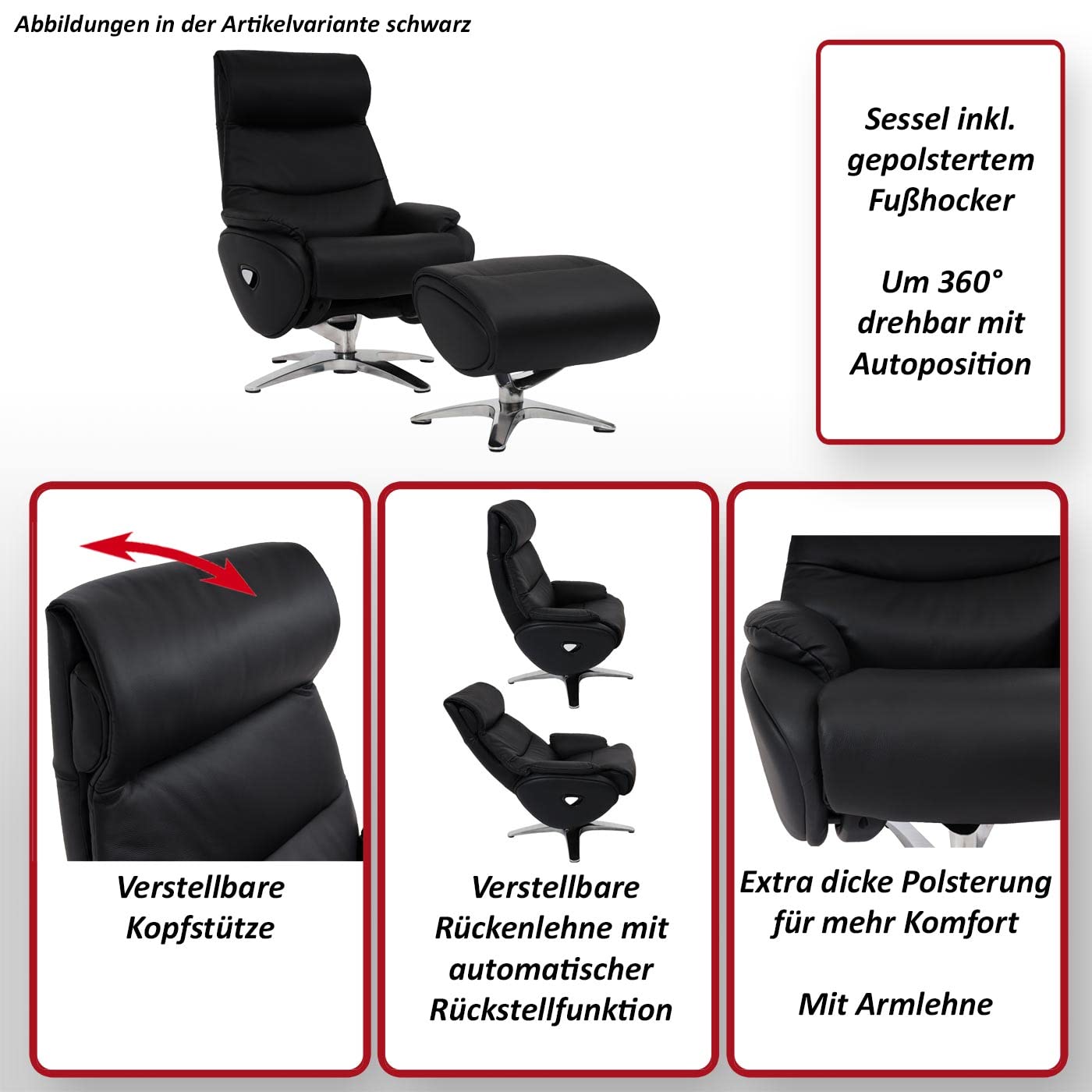 Mendler Fotel relaksacyjny z taboretem HWC-K98AM, fotel telewizyjny, funkcja leżenia, obrotowy, metal, skóra naturalna/sztuczna skóra – kremowo-biały