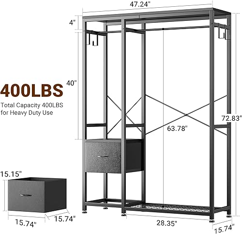 Miniatura 4 de Lulive Perchero de ropa resistente para colgar ropa, estantes de ropa industrial con estantes, 2 cajones de tela, 4 ganchos, 2 varillas para colgar,