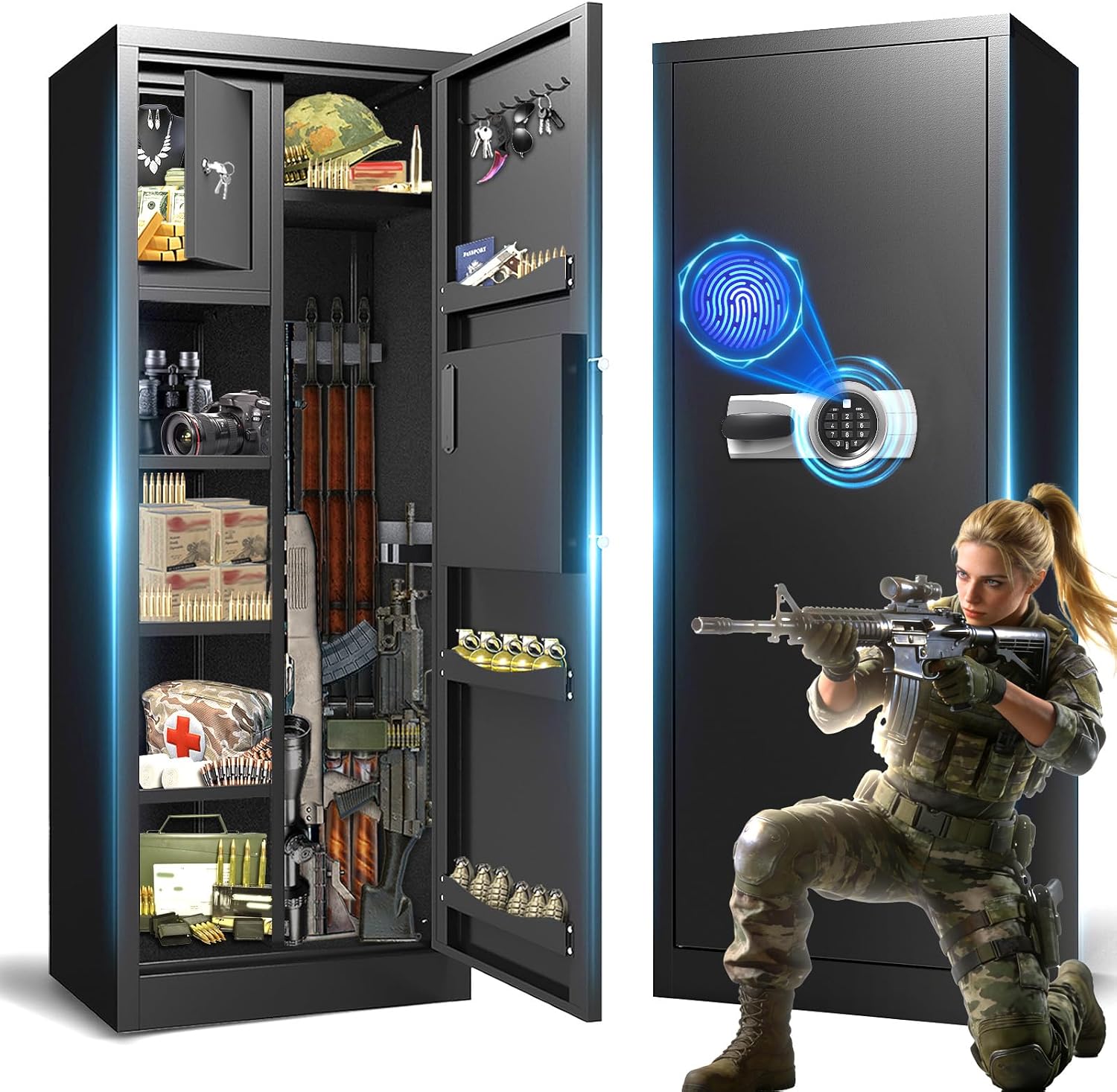 10-16 Gun Safe, Gun Safe for Rifles and Pistols with Fingerprint Lock, Multifunctional Storage Gun Cabinet for Home Garage, Large Gun Safes Biometric Rifle Safe with Removable Gun Racks