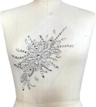 Exquisite Uniquely Pure Handmade Bright Crystal Patches Sew-on Rhinestones Applique with Stones Sequins Beads for Wedding Dress DIY Manual Accessories Belt Chest Waist Decoration Silver