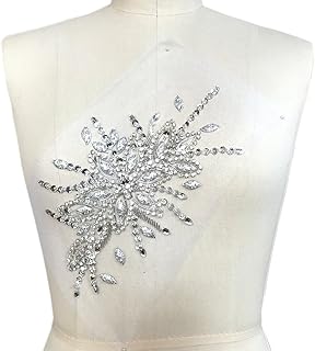 Exquisite Uniquely Pure Handmade Bright Crystal Patches Sew-on Rhinestones Applique with Stones Sequins Beads for Wedding Dress DIY Manual Accessories Belt Chest Waist Decoration (Silver)