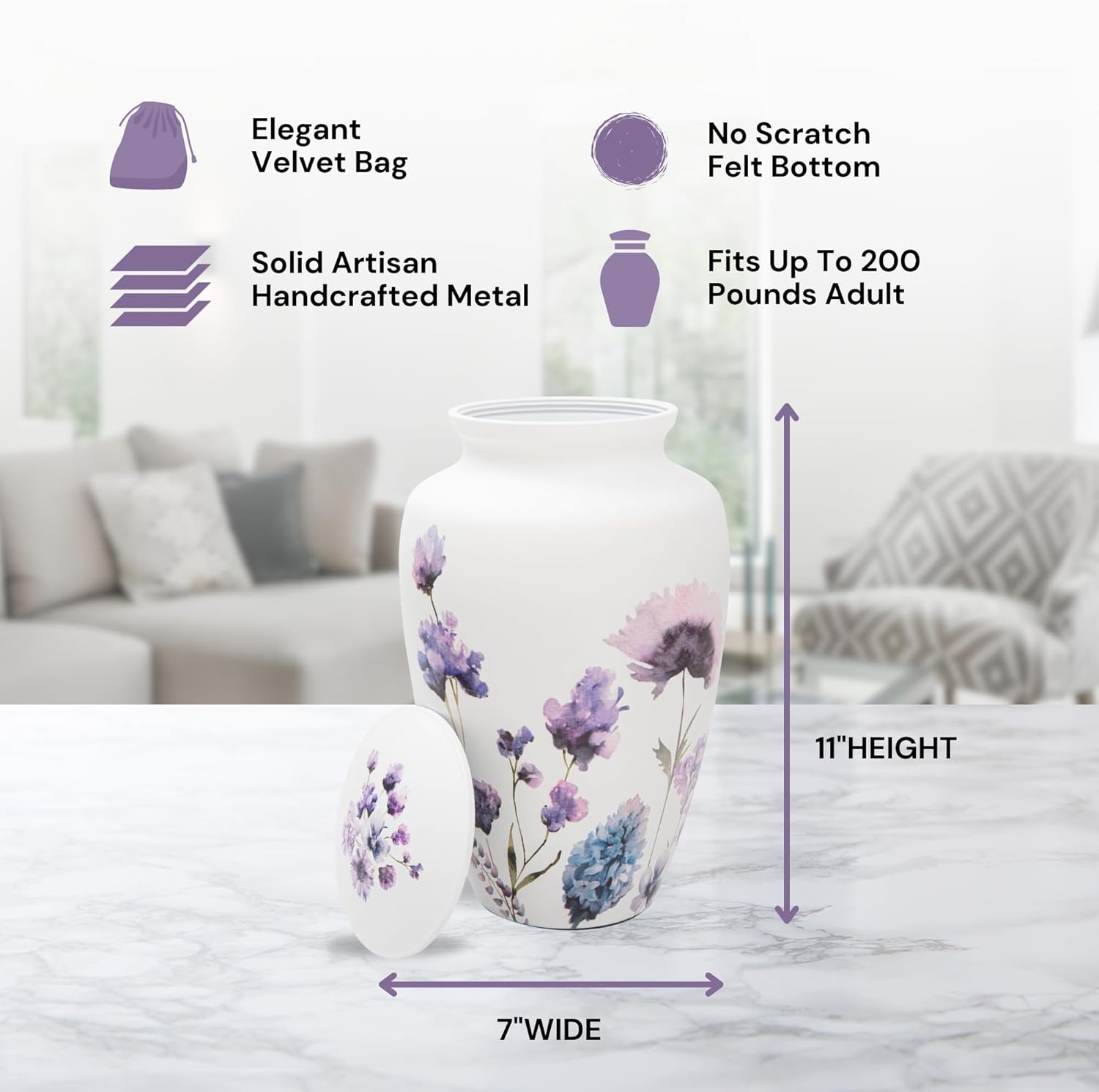 Cremation Urns for Human Ashes Adult Female | Human Urn for Ashes for Women | Decorative for Cremation, Funeral, Burial, Home | Handcrafted Large Size - Purple Flower