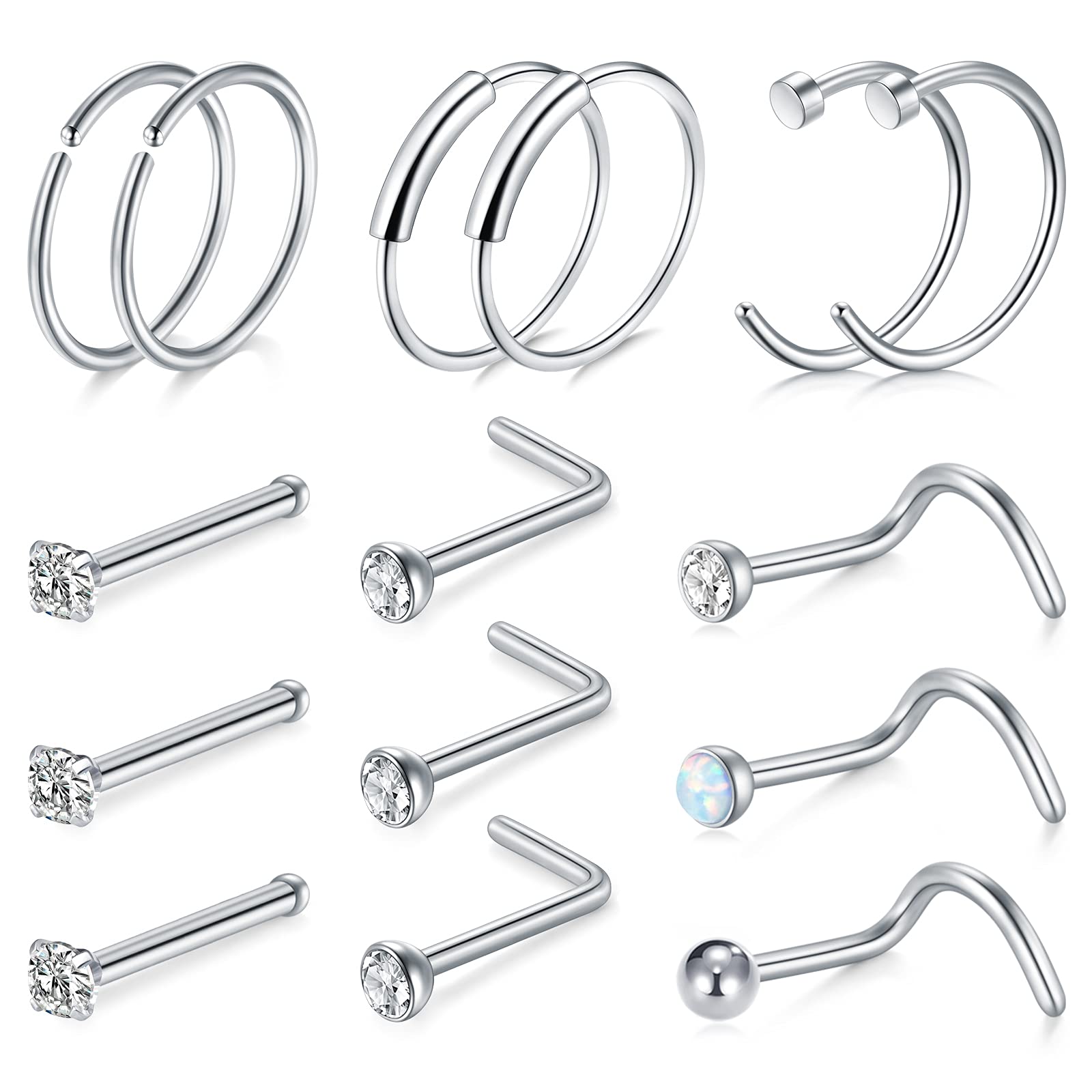 Crdifu 22G śruba do nosa w kształcie litery L, srebrne kolczyki ze stali nierdzewnej, małe pierścienie do nosa 0,6 mm, Stal nierdzewna, stal tytanowa, metal, stal