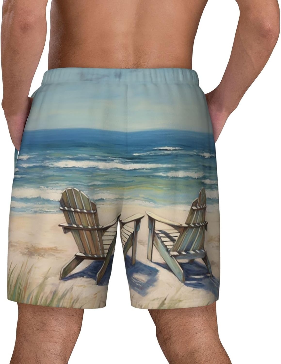 Men's Swim Trunks 2 in 1 Quick Dry Bathing Suits Beach Scene with Chairs Beach Board Shorts Swimwear