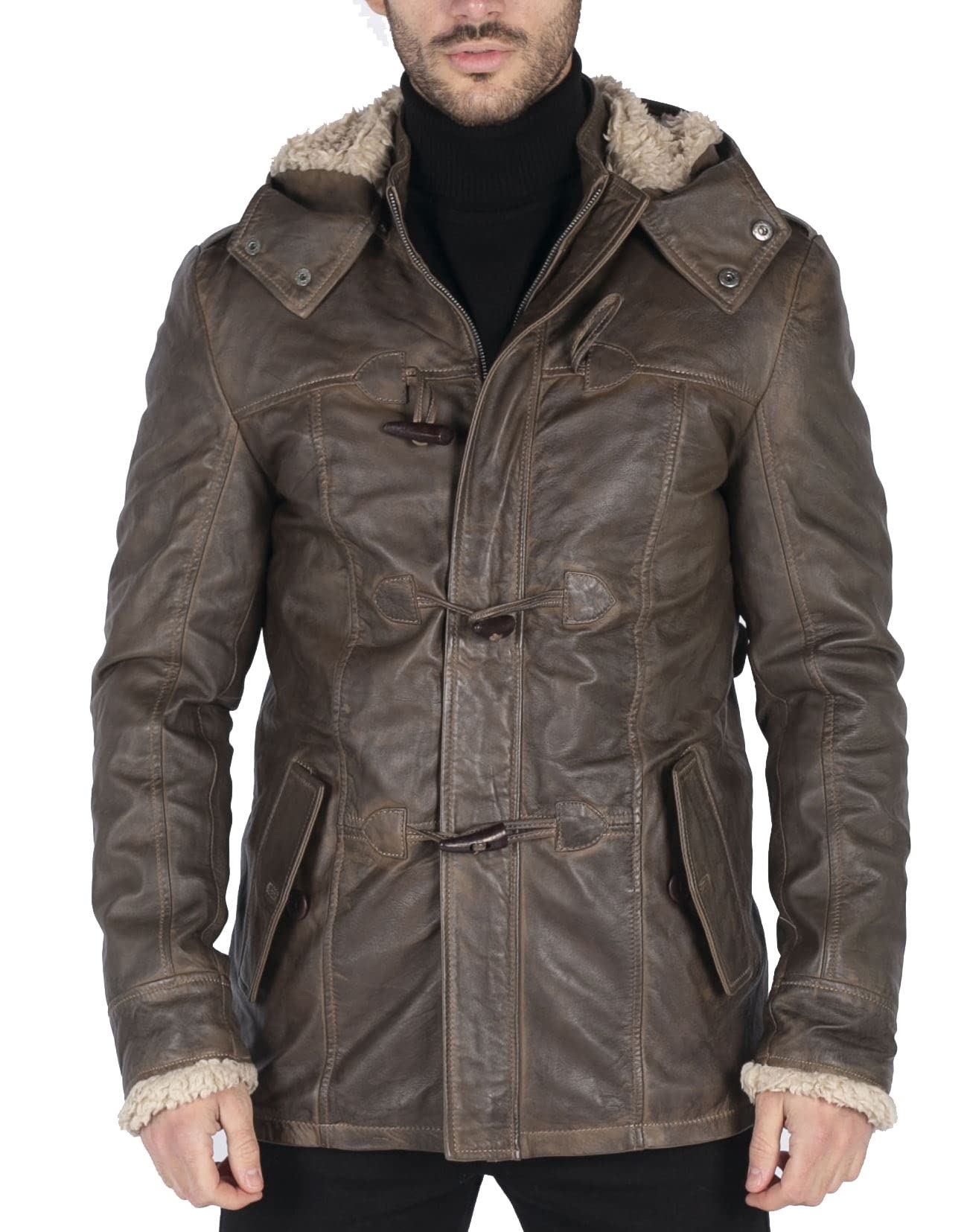 TruClothing Men's Trenchcoat Jacket Outwear Windproof Winter Parka Real Leather Jackets Coat Fleece Hood - Brown M