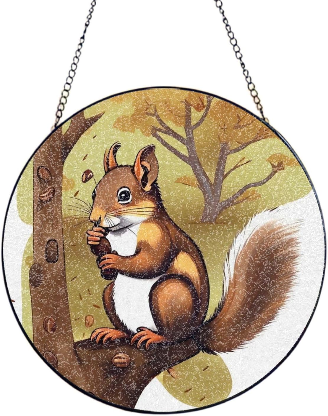 Stained Glass Window Hanging 6in（15cm）, Nut-Eating Squirrel Glass Suncatcher for Home Decor, Indoor Wall Art Glass Panel with Metal Chain and Hooks, Sun Catcher Ornament Birthday Gifts