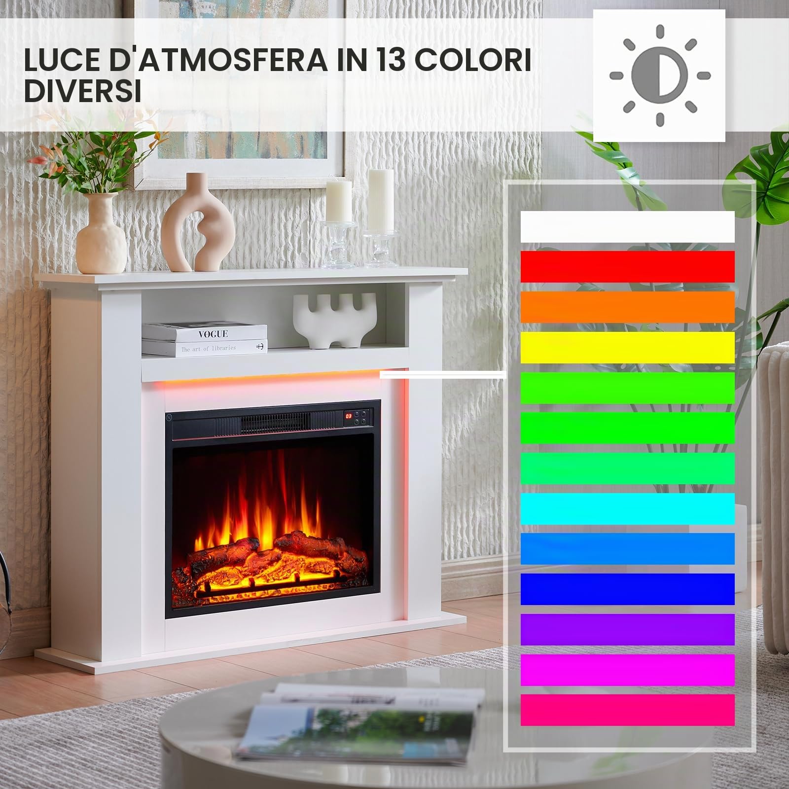 Camino elettrico BALDERIA Liora - Caminetto elettrico con vano portaoggetti, effetto fiamma 3D, illuminazione d'ambiente a LED, riscaldamento 2000W, timer, termostato, telecomando - Liora Bianco
