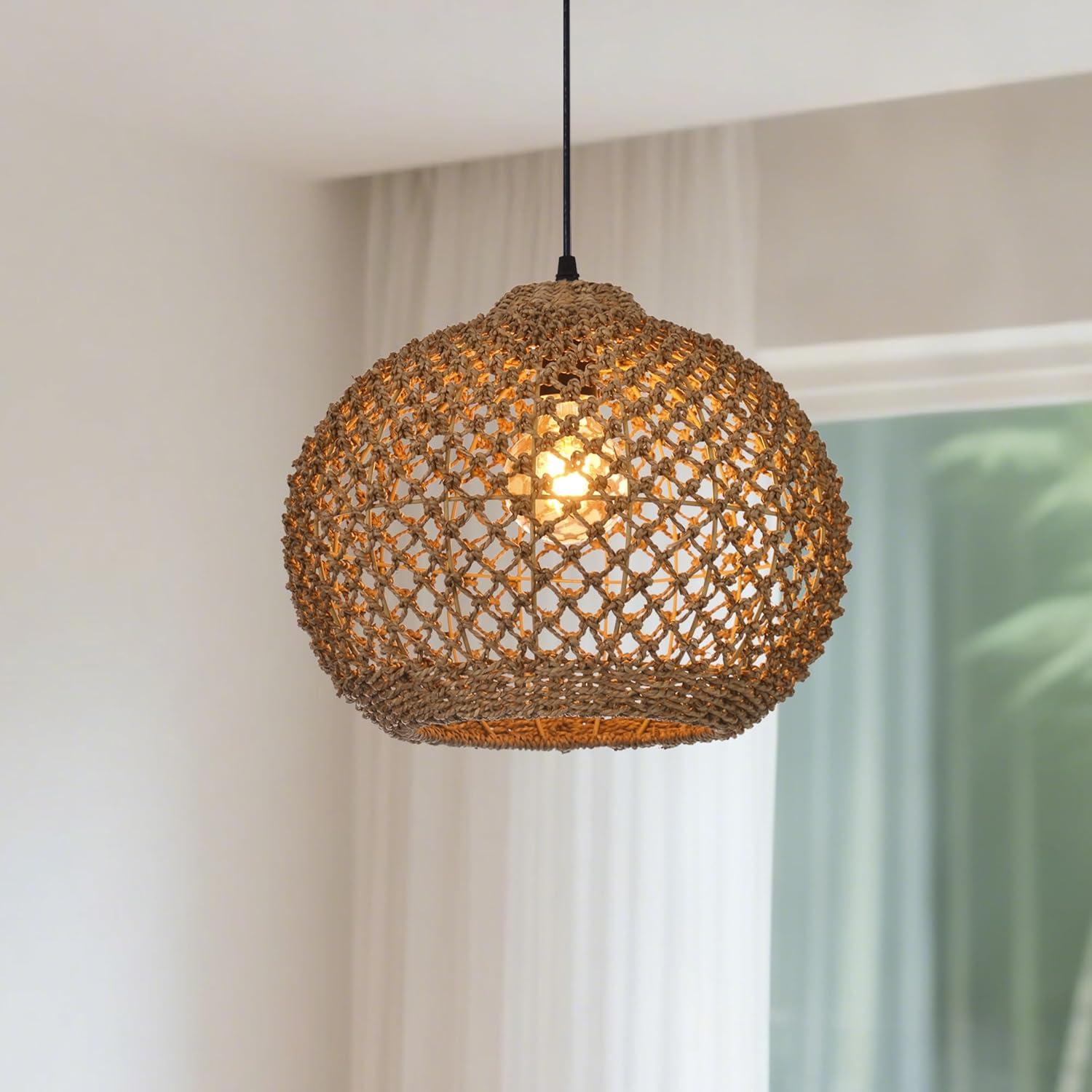 Rattan Pendant Light Fixtures, 16.5" Adjustable Boho Chandelier Coastal Hanging Lamp, Rustic Handwoven Basket Round Seagrass Lighting for Kitchen Dining Room Nursery