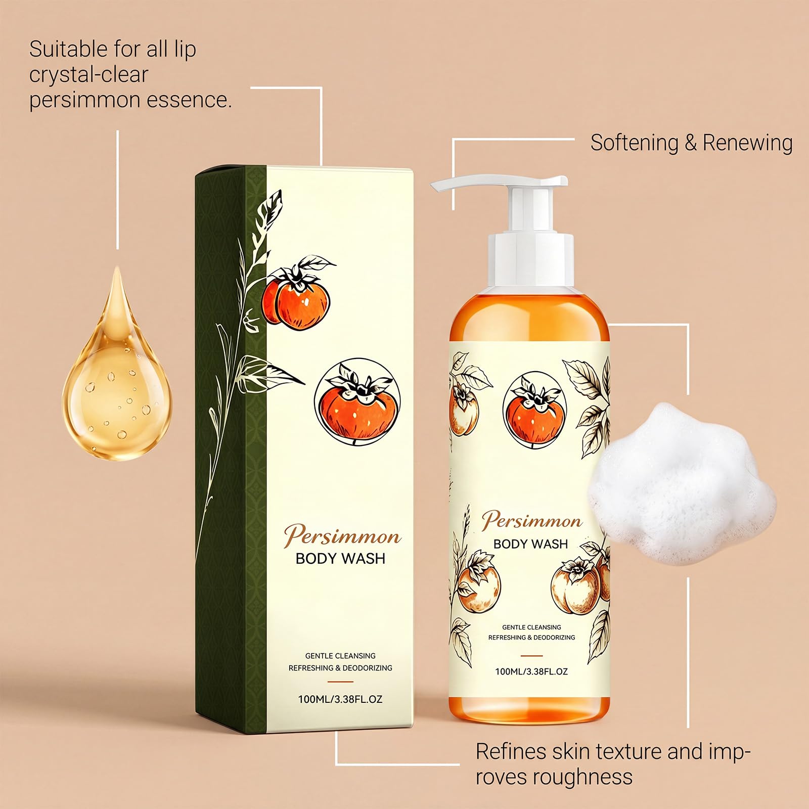 Deodorierendes Duschgel mit Kaki gegen unangenehmen Körpergeruch, feuchtigkeitsspendendes Duschgel gegen Körpergeruch, regenerierend reinigend mit natürlicher Kaki, Tiefenreinigung für alle (6PCS)