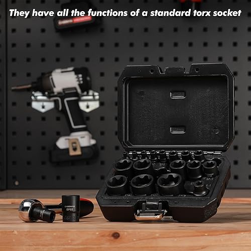 Vista 15 de CASOMAN 11PCS hembra Torx Socket Set, E Torx & Star Socket Set con riel, E4 - E20 Torque Sockets