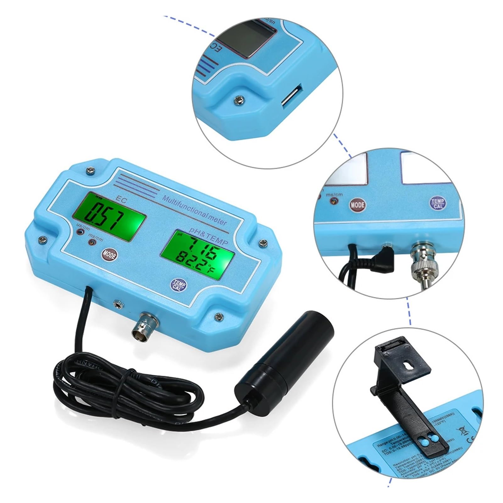 Miernik PH/EC/TEMP 3w1 Detektor Wody Cyfrowy LCD Tri Wielofunkcyjny Monitor Jakości Wieloparametrowy Tester Szybkie I DokłAdne Wykrywanie
