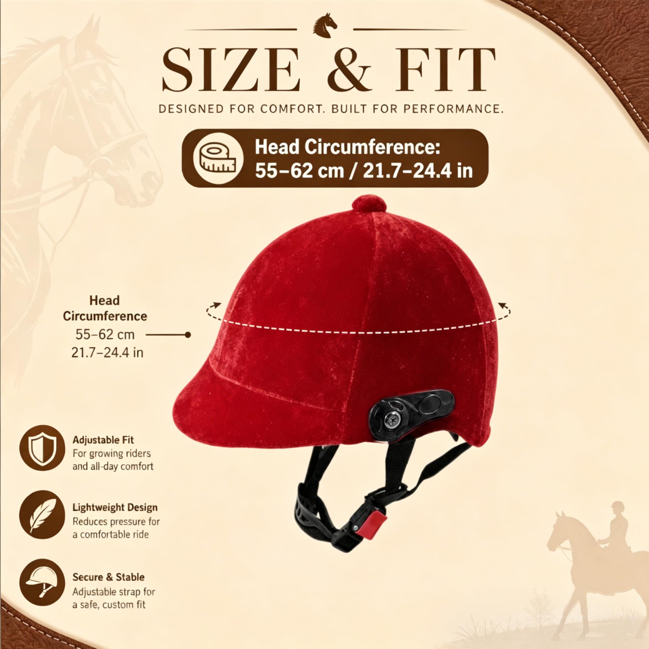 Casco da Equitazione Casco da Equitazione in Velluto Cappello da vestibilità Regolabile Ideale per Adulti e Adolescenti |.Rosso 55 62 cm/21, 65 24, 41 Pollici