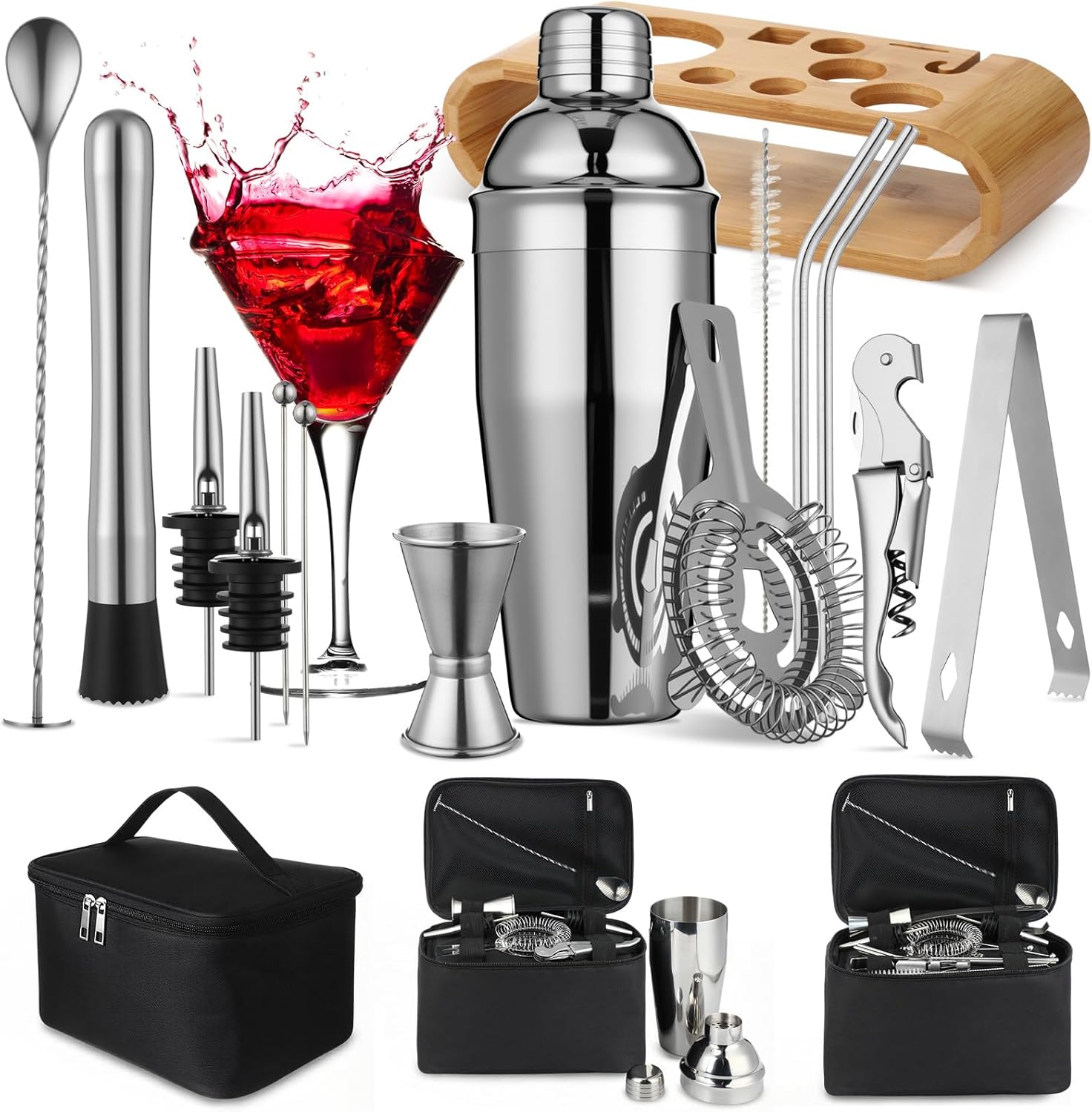 Bartender Kit Bag with Stand Portable Cocktail Shaker Set, 17 Pcs 25oz Stainless Steel Barware Kit with Jigger, Strainer, Spoon, Ice Tongs, Gift for Cocktail Lover Travel