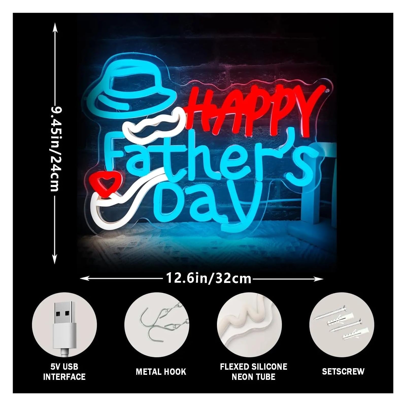 Scritta luminosa Insegna Al Neon A Happy Father's Day Dimmerabile Alimentata Tramite USB Per Feste Compleanni Feste Del Papà Decorazioni Natalizie 32cmx24cm