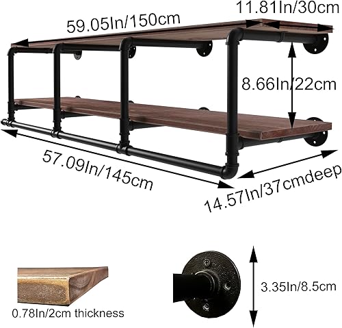 Vista 32 de Perchero industrial de tubería con estante superior, estante de ropa montado en la pared que ahorra espacio de 2 niveles, estante con barra