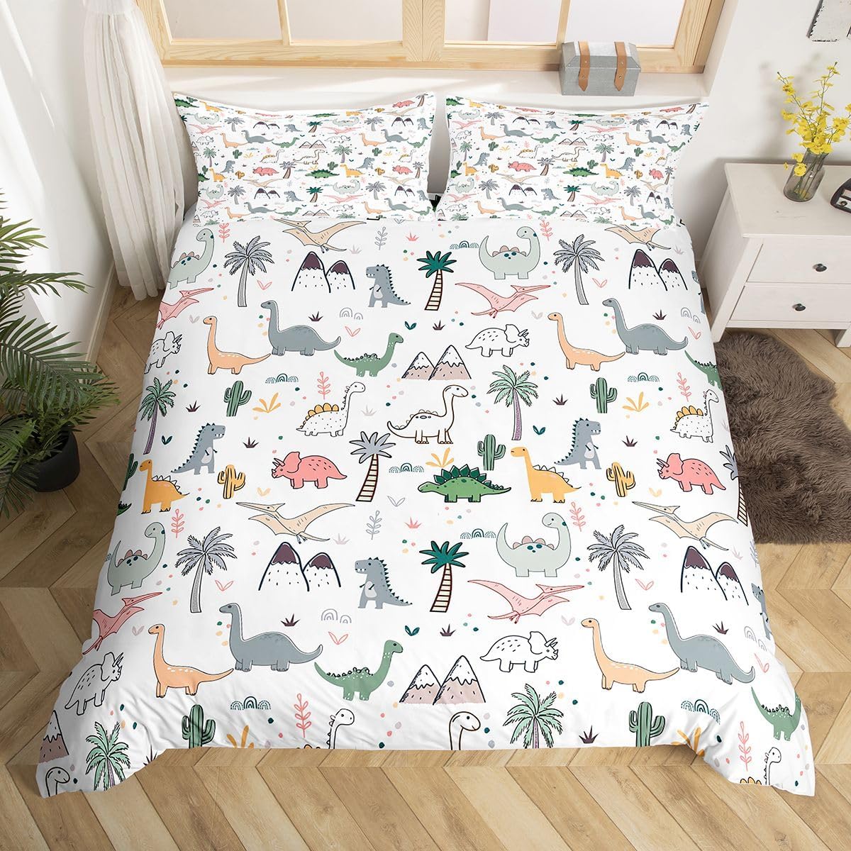 Feelyou Dinosaur Duvet Cover Set Full for Kids Bedding Set Cartoon Animals Print Decorative Dino Comforter Cover with 2 Pillow Shams, Cute Lovely 3 Pieces for Children Girls Boys,Zipper