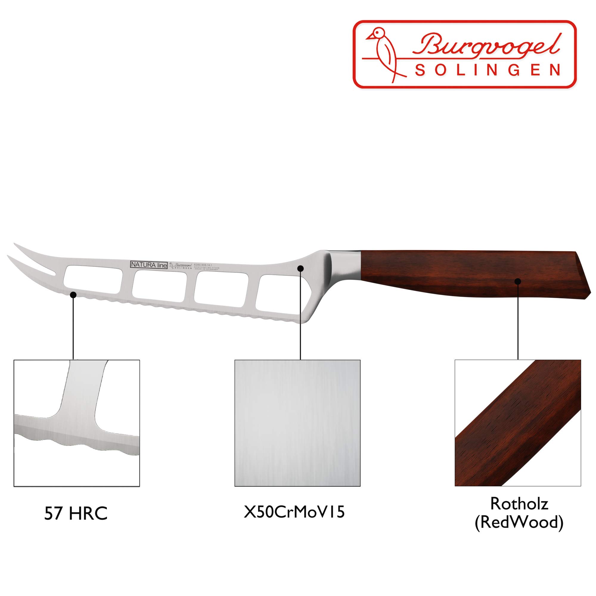 Burgvogel Solingen Natura Line, scharfes Käsemesser Holzgriff, rot satiniert, geschmiedet, 14 cm, rostfrei, Made in Germany