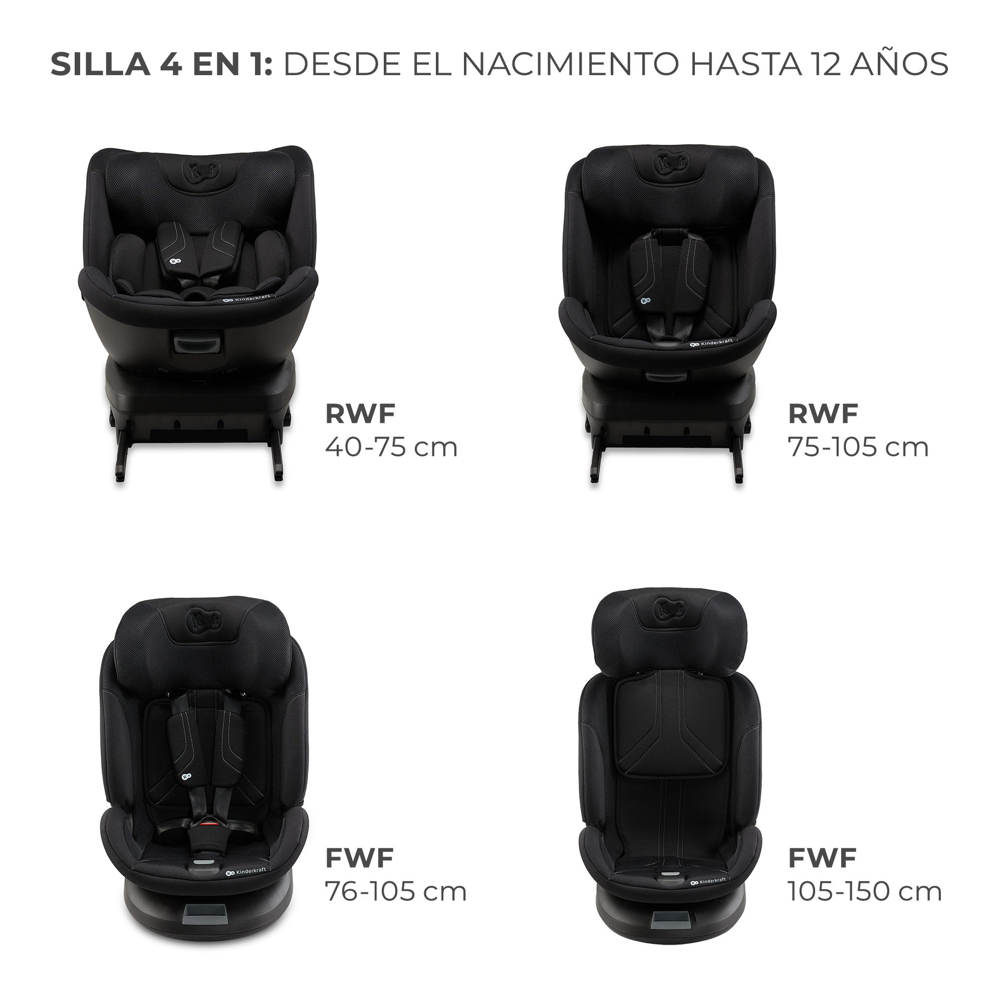 Kinderkraft XPEDITION 3 I-Size 40-150 cm, Silla coche bebé, para niños, Asiento giratorio 360º, Isofix base, Ajuste de la reclinación del respaldo, Protección lateral, Grupo 0+/1/2/3, 0-36 kg, Negro
