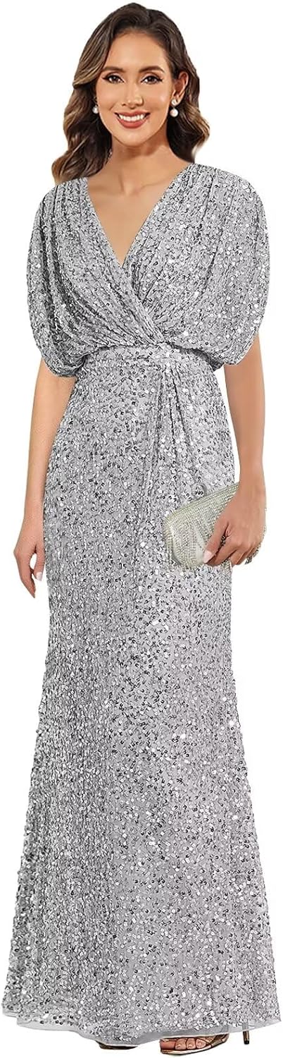 Sequin Mermaid Mother of The Bride Dresses for Women Long V Neck Ruched Sparkly Prom Dress 2026