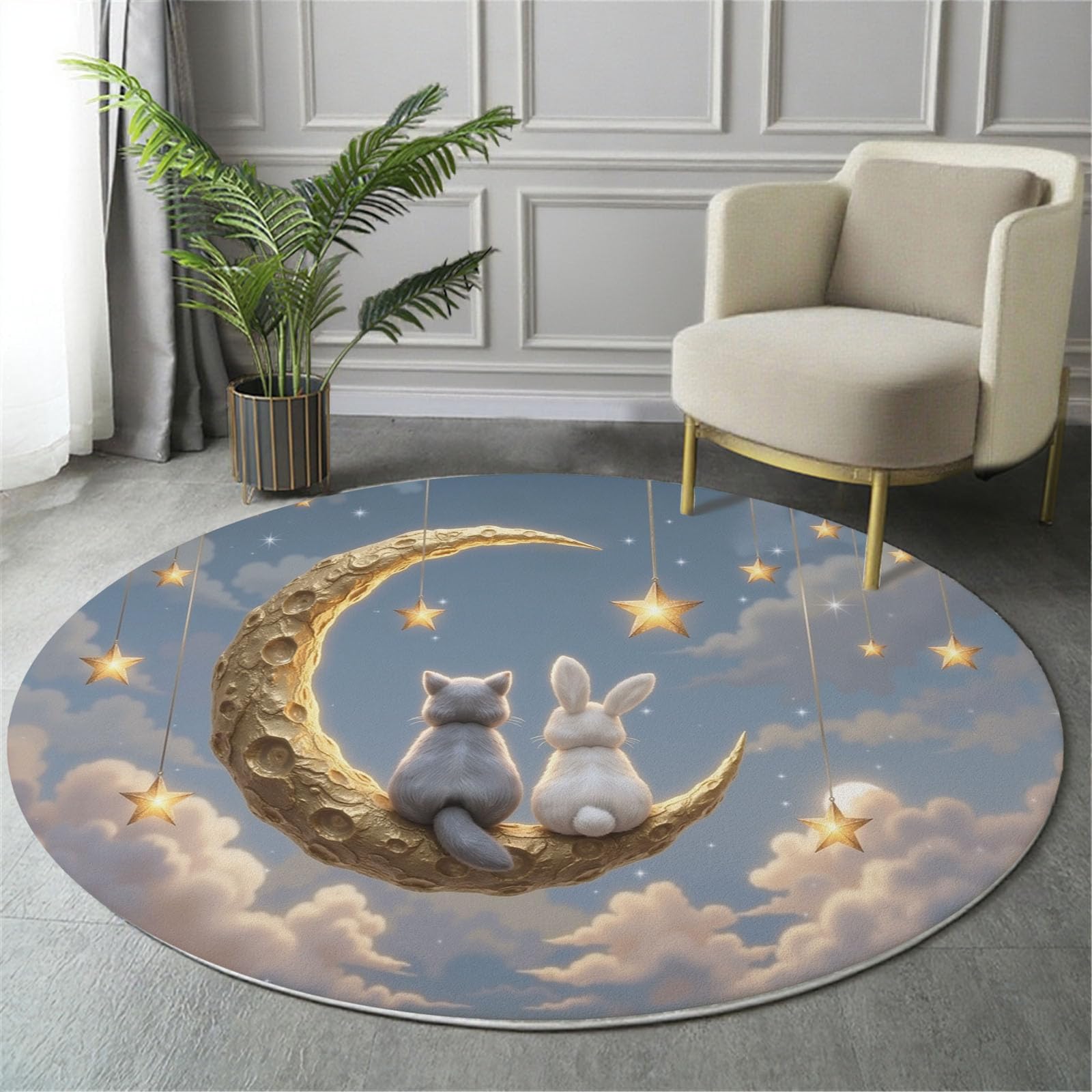 Tappeto Fiabe curative Tappeto Rotondo Antiscivolo | Tappeti Gatto Coniglio Luna 0 in Lana Sintetica Tappeti Morbido e Accogliente per Soggiorno,Cameretta e Studio 160cm