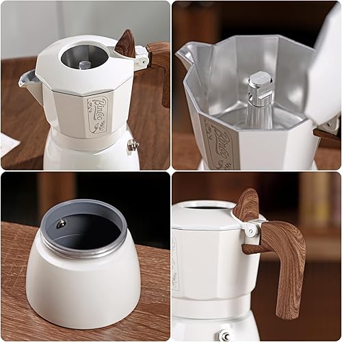 Miniatura 7 de Bincoo Cafetera de café italiano para estufa, 2 tazas, portátil para acampar, olla de café expreso, aluminio (blanco)
