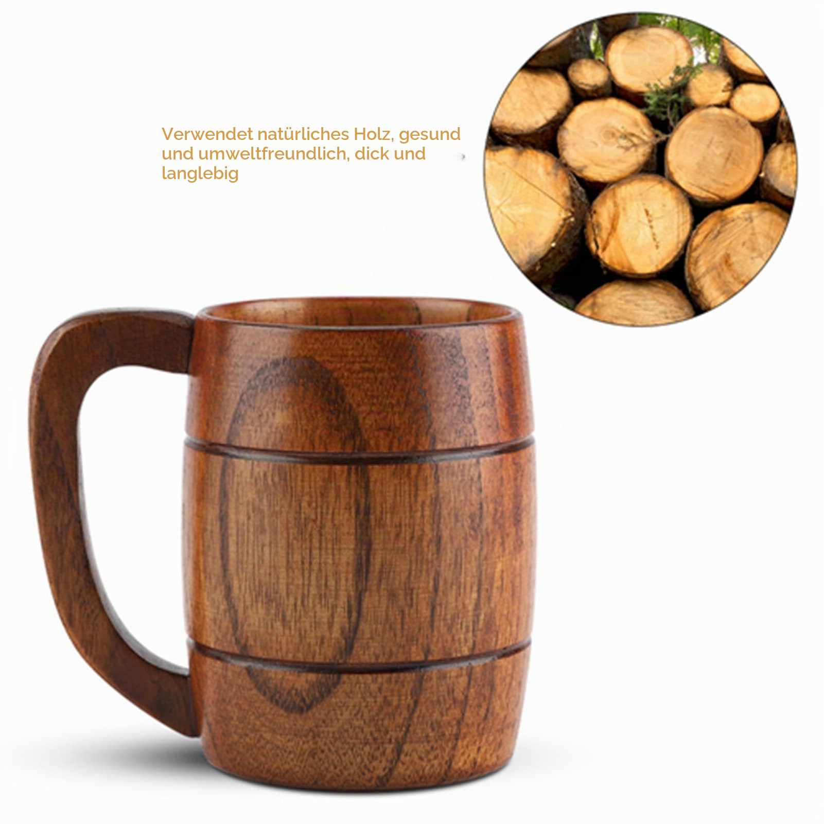 Akozon Holz-Bierkrug, Retro-Naturholz-Bier Großes Fassungsvermögen Natürliches Teewasser Klassischer Trinkbecher mit Griff Großes Fassungsvermögen 550 ml Retro-Getränk-Trinkwasser mit Griff Geeignet