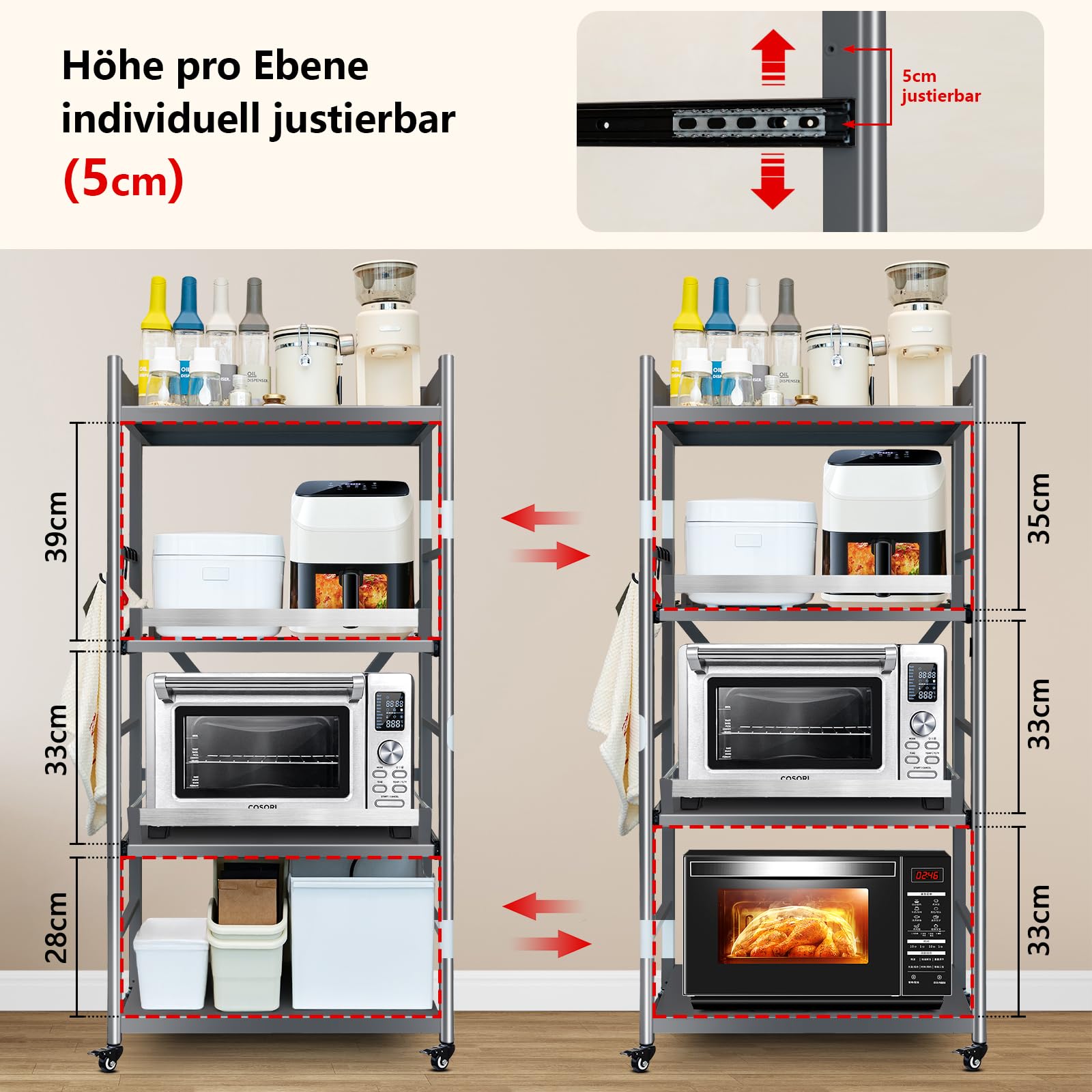 Standregal Küchenregal aus Kohlenstoffstahl, 200kg Tragkraft, 4 Ablagen Schmalregal mit Rollen & Arbeitsplatte, Stehendes Regal ohne Bohren für Küche, Wohnzimmer, Badezimmer, Breite 60cm