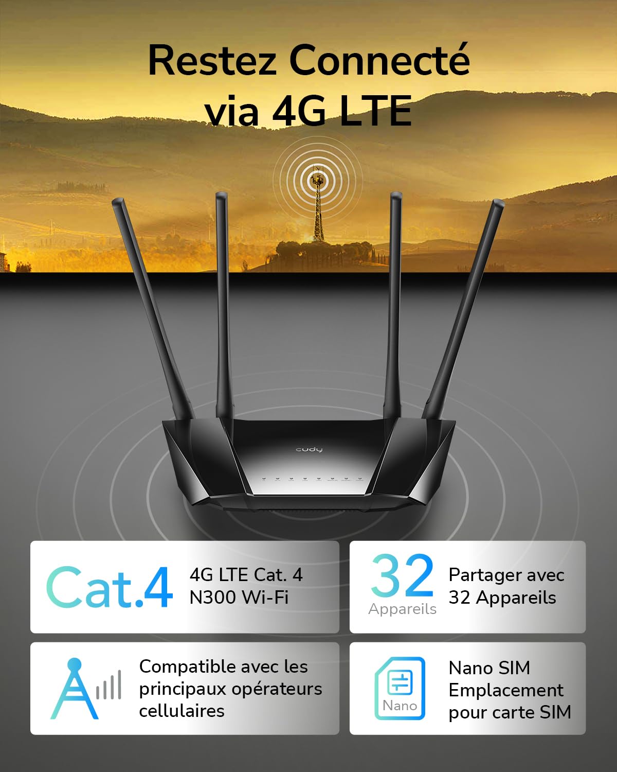 Cudy Routeur 4G LTE WiFi 300 Mbps, 4 Antennes Externes, 4 Ports Ethernet, Modem Carte SIM, VPN Client LT400