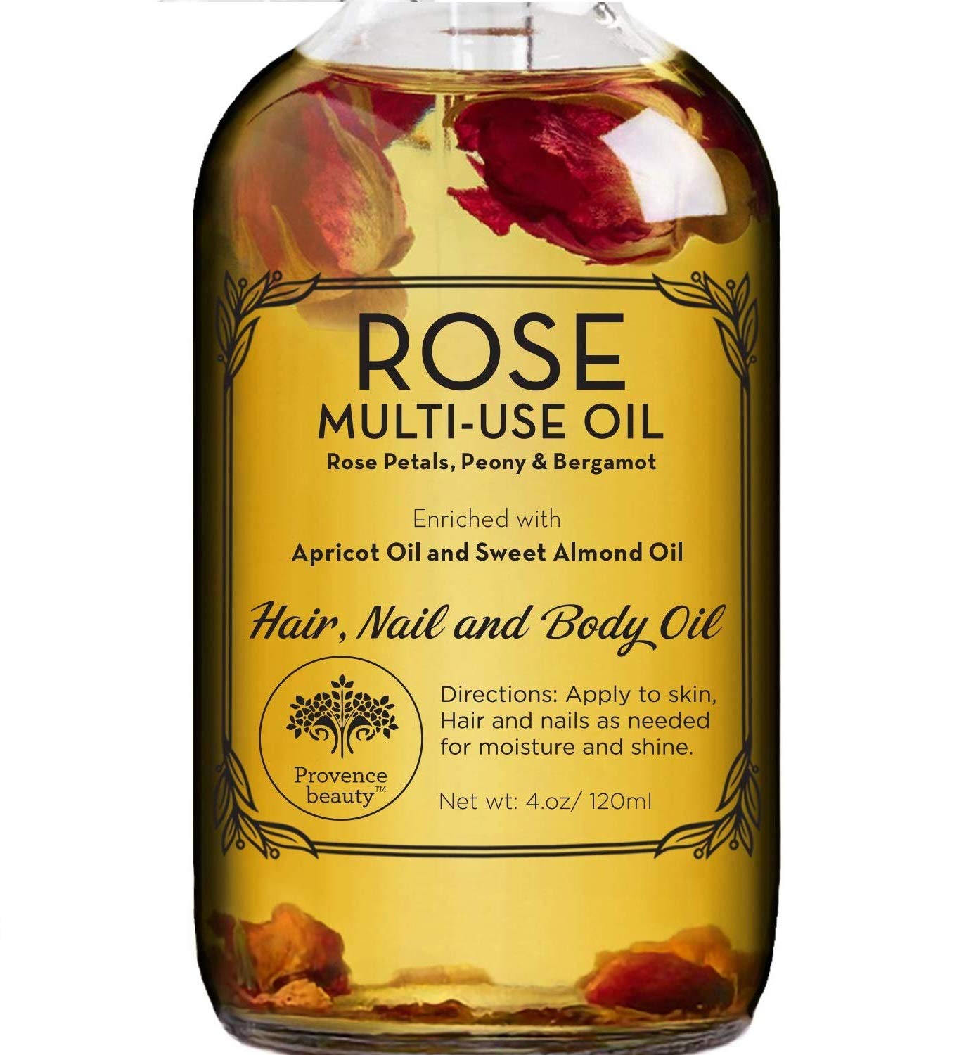 Rose Multi-Use Oil for Face, Body and Hair - Organic Blend of Apricot, Vitamin E and Sweet Almond Oil Moisturizer for Dry Skin, Scalp and Nails - Rose Petals, and Bergamot Essential Oil - 4 Fl Oz