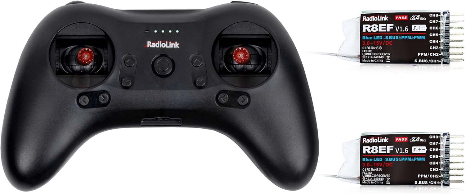 Radiolink T8S Controller & Two R8EF Receivers Set 8 Channels 2.4GHz RC Transmitter Built-in Rechargeable Battery, App/PC Parameters Setup, for Quad/Airplane/Car/Boat and More (Mode 2 Left Hand)