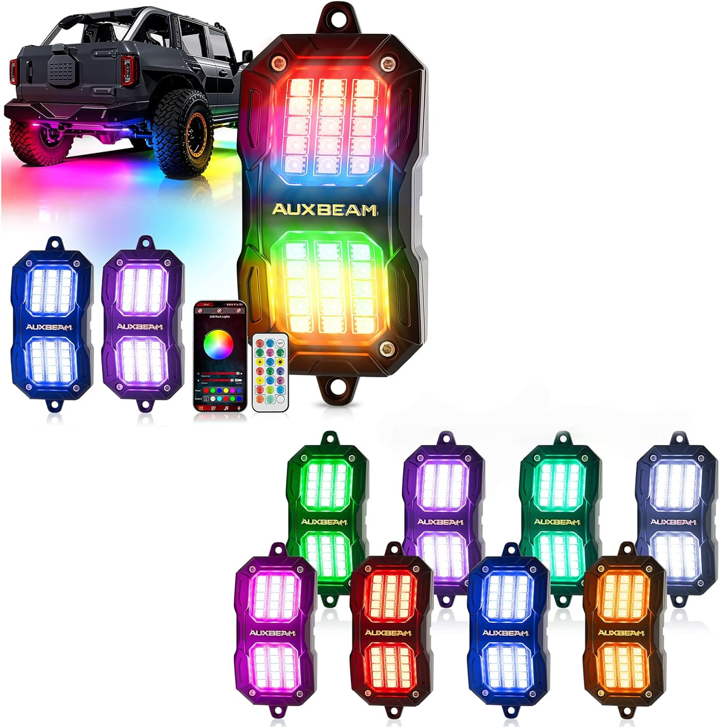 Auxbeam 8-Pod RGB LED Rock Lights & Auxbeam 2-Pod RGB LED Rock Lights w/Brake Mode 217°Dual-Side Lighting Underglow Kit w/Bluetooth APP & Remote Control Music Voice Sync Waterproof Wheel Well Lights