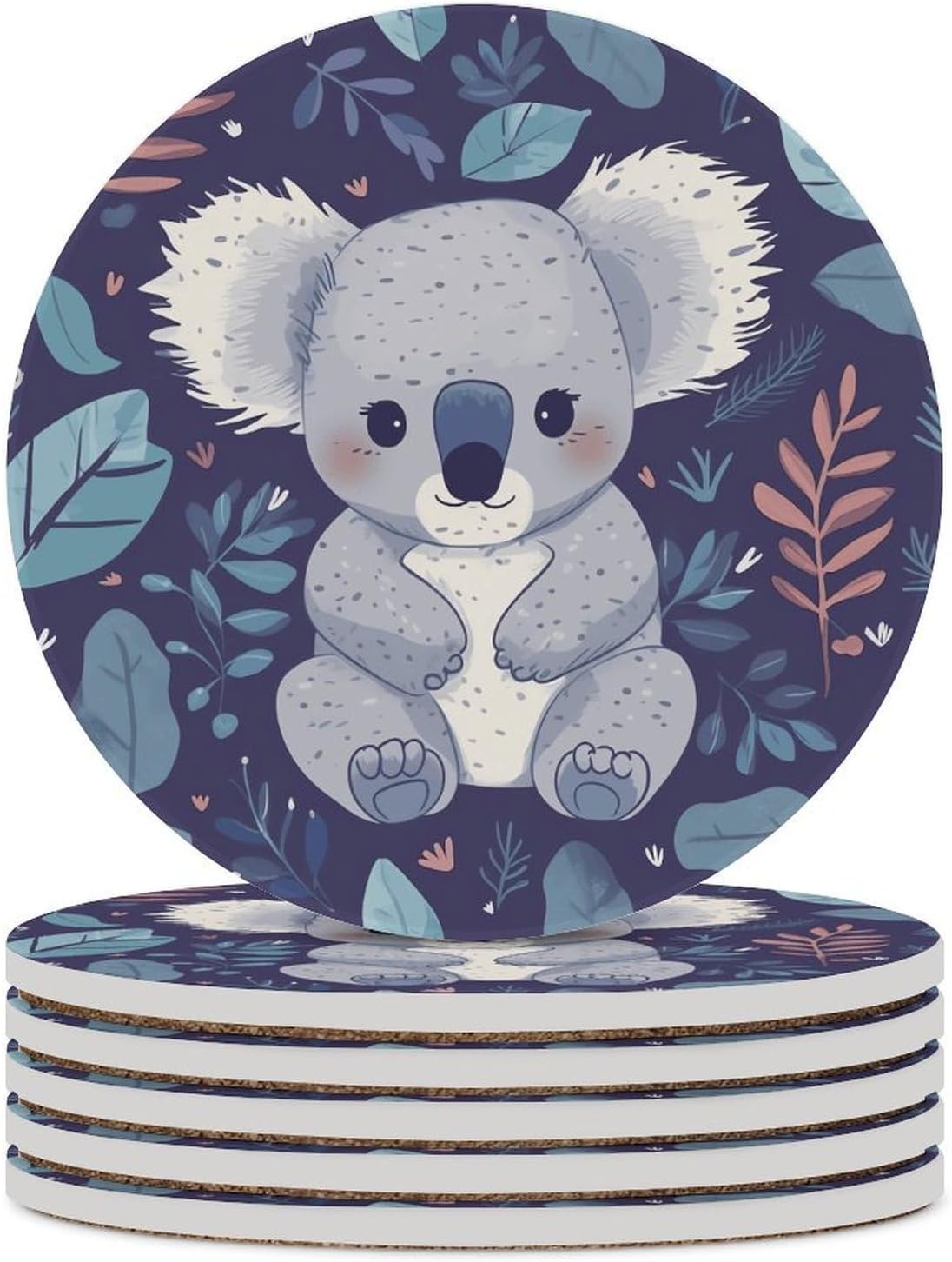 6PCS Lovely Koala Coasters Non-Slip Round Drink Coasters with Ceramic Stone and Cork Base, Heat Resistant Absorbent 33.00Stone Coaster Set for Kinds of Mugs and Cups, 4 Inch